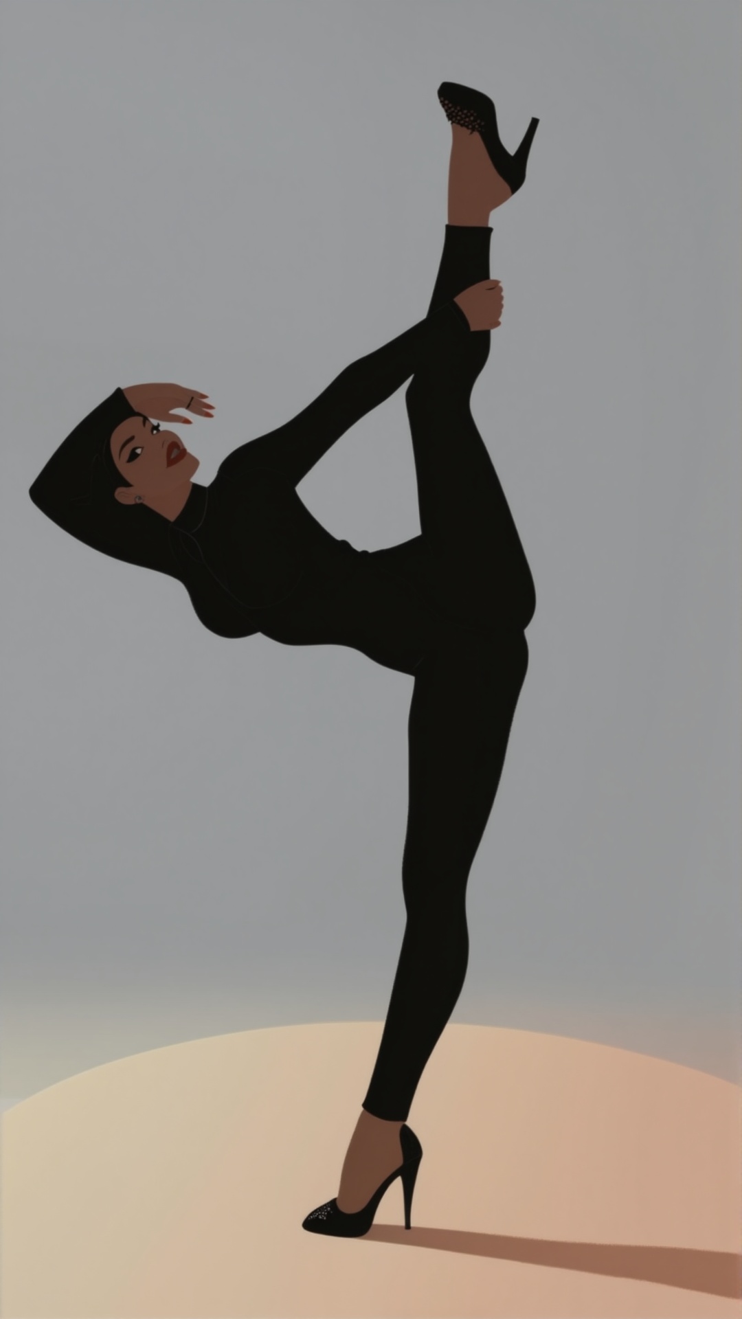 The image depicts a person in a black,  form-fitting bodysuit with a high neckline. The individual is striking a dynamic p...