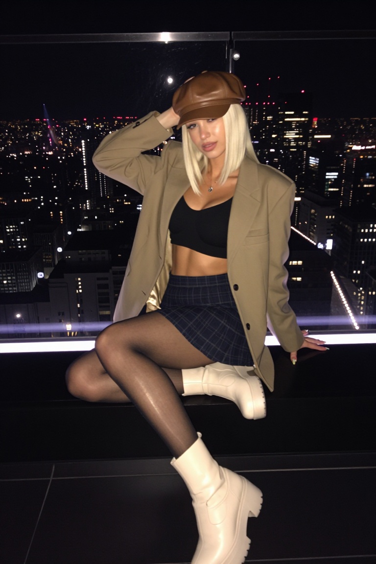 An eye-level fashion photograph of a gorgeous 23-year-old Swedish woman from Stockholm enjoying a night out at a high-rise...