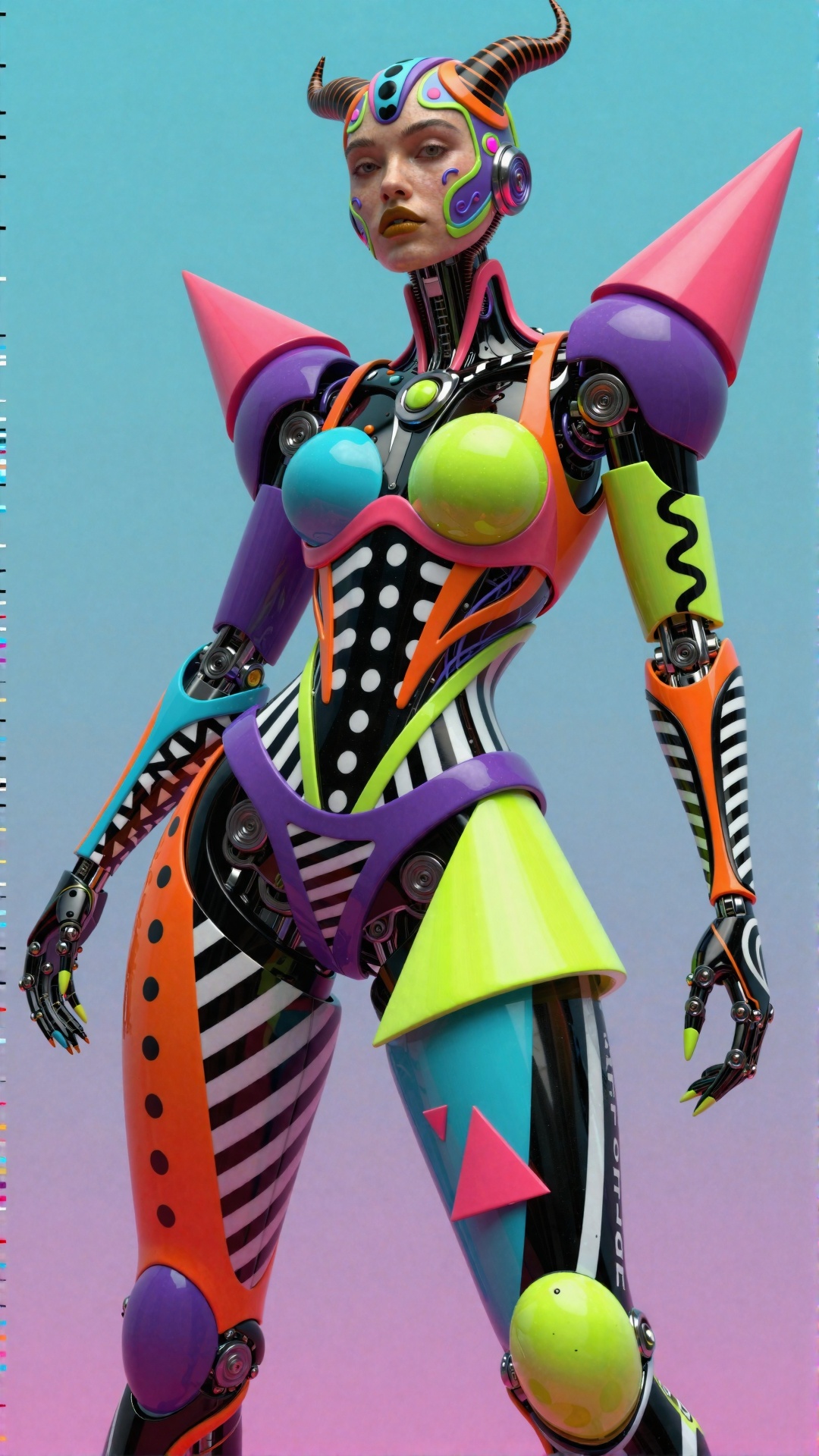 Create a photorealistic,  sci-fi high fashion demon female cyborg android robot with a high-resolution and high-quality me...