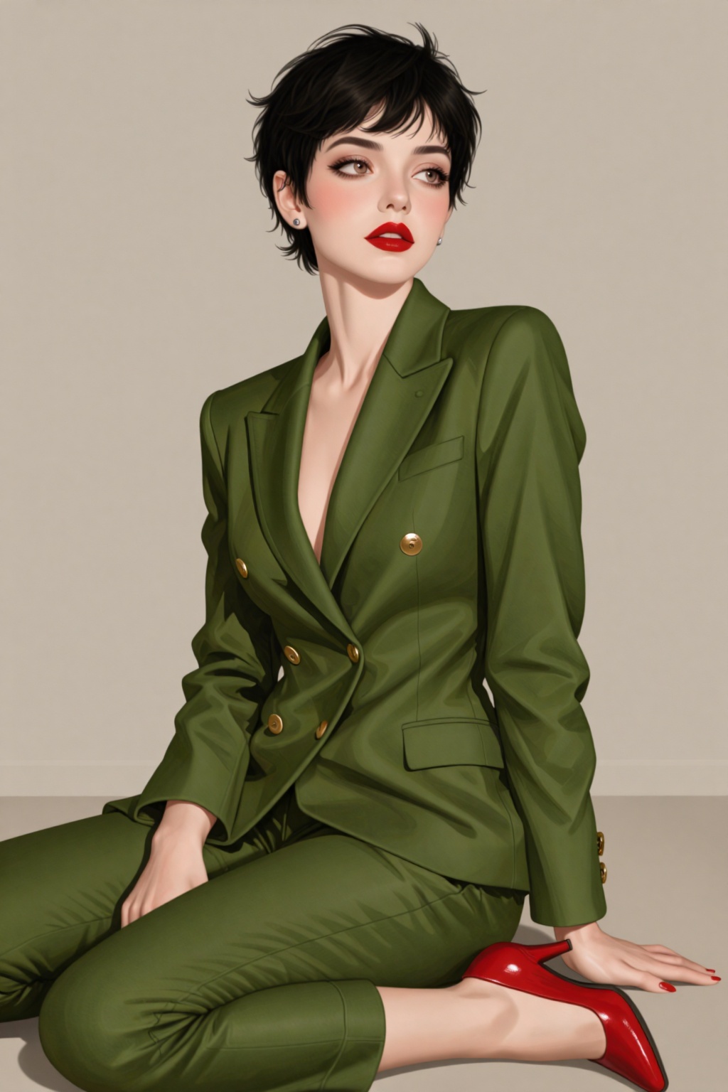 illustration inspired by Robert McGinnis â A confident woman with short black pixie hair sits cross-legged on the floor,...
