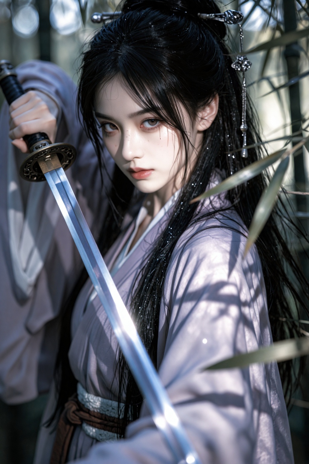 一位年轻古风女子立于幽深竹林中,  湿漉漉的乌黑长发垂落肩头,  发间簪着银质步摇与细链流苏耳坠 on Tensor.Art
