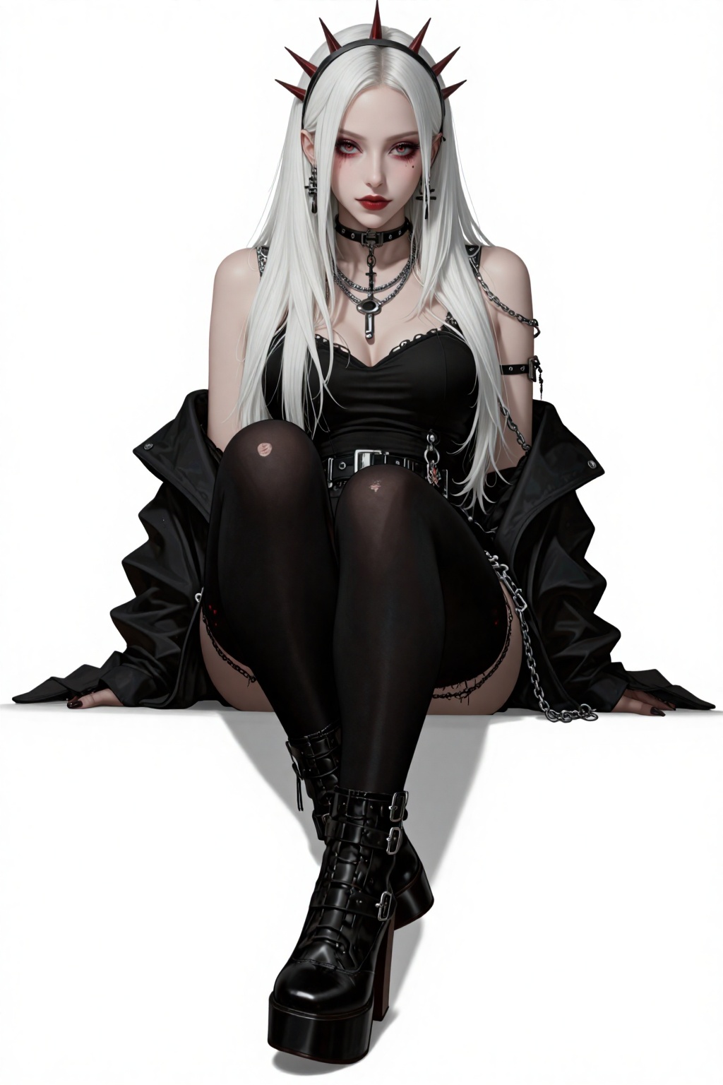 The image depicts a women sitting on the ground,  dressed in a gothic or dark fantasy style. The individual has long,  str...