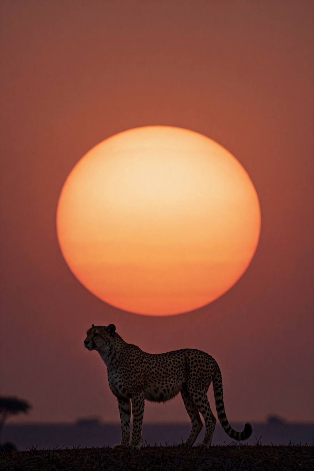 African cheetah standing in profile on a small ridge at sunset,  perfectly aligned with a massive glowing sun on the horiz...