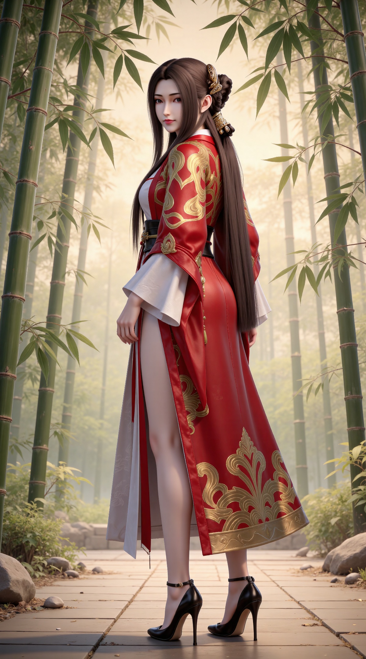 
masterpiece,high quality,tall,game cg,highres,(soft light:1.2),(white_skin:0.6),(shiny_skin:0.6),(realistic:1.1),
black hair, long hair, brown eyes, hair ring, braid, hair_ornament, qinyining, red kimono coat, qinyining white dress, qinyining hanfu, long_sleeves, wide_sleeves, 1girl, high heels, solo, full body, jewelry, realistic, looking at viewer, standing, earrings, black footwear, bare legs,from side,nature,bamboo,