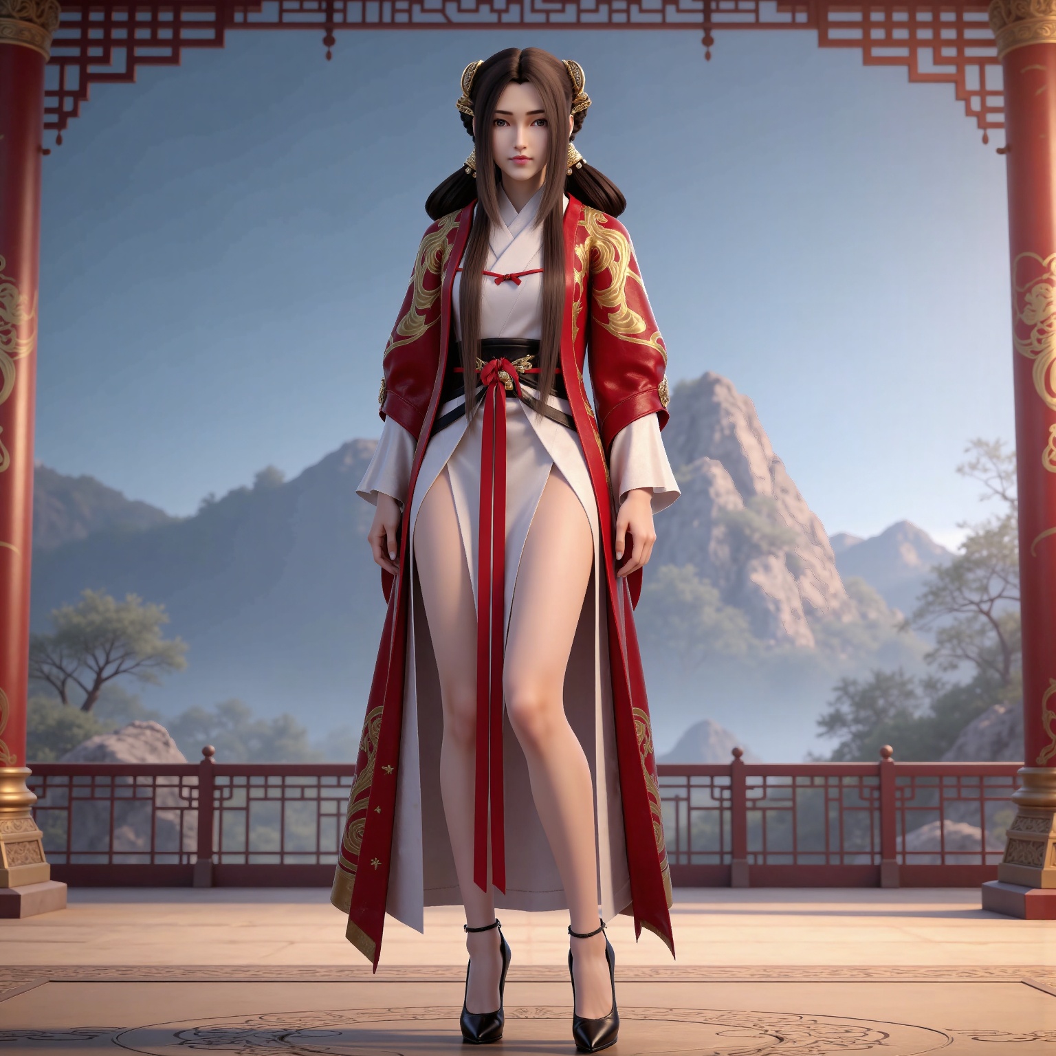 
masterpiece,high quality,tall,game cg,highres,(soft light:1.2),(white_skin:0.6),(shiny_skin:0.6),(realistic:1.1),
black hair, long hair, brown eyes, hair ring, braid, hair_ornament, qinyining, red kimono coat, qinyining white dress, qinyining hanfu, long_sleeves, wide_sleeves, 1girl, solo, high heels, full body, jewelry, black footwear, standing, blurry background, looking at viewer, blurry, outdoors, realistic, bare legs