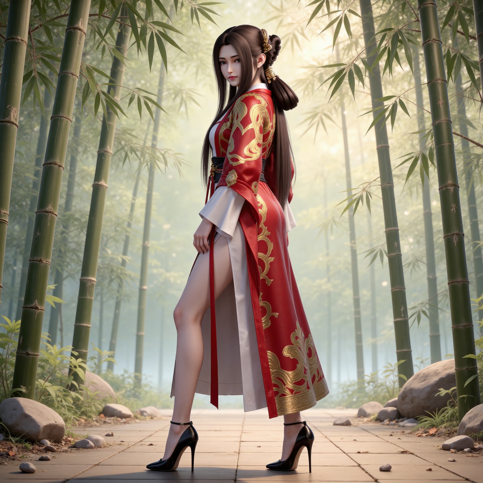 
masterpiece,high quality,tall,game cg,highres,(soft light:1.2),(white_skin:0.6),(shiny_skin:0.6),(realistic:1.1),
black hair, long hair, brown eyes, hair ring, braid, hair_ornament, qinyining, red kimono coat, qinyining white dress, qinyining hanfu, long_sleeves, wide_sleeves, 1girl, high heels, solo, full body, jewelry, realistic, looking at viewer, standing, earrings, black footwear, bare legs,from side,nature,bamboo,