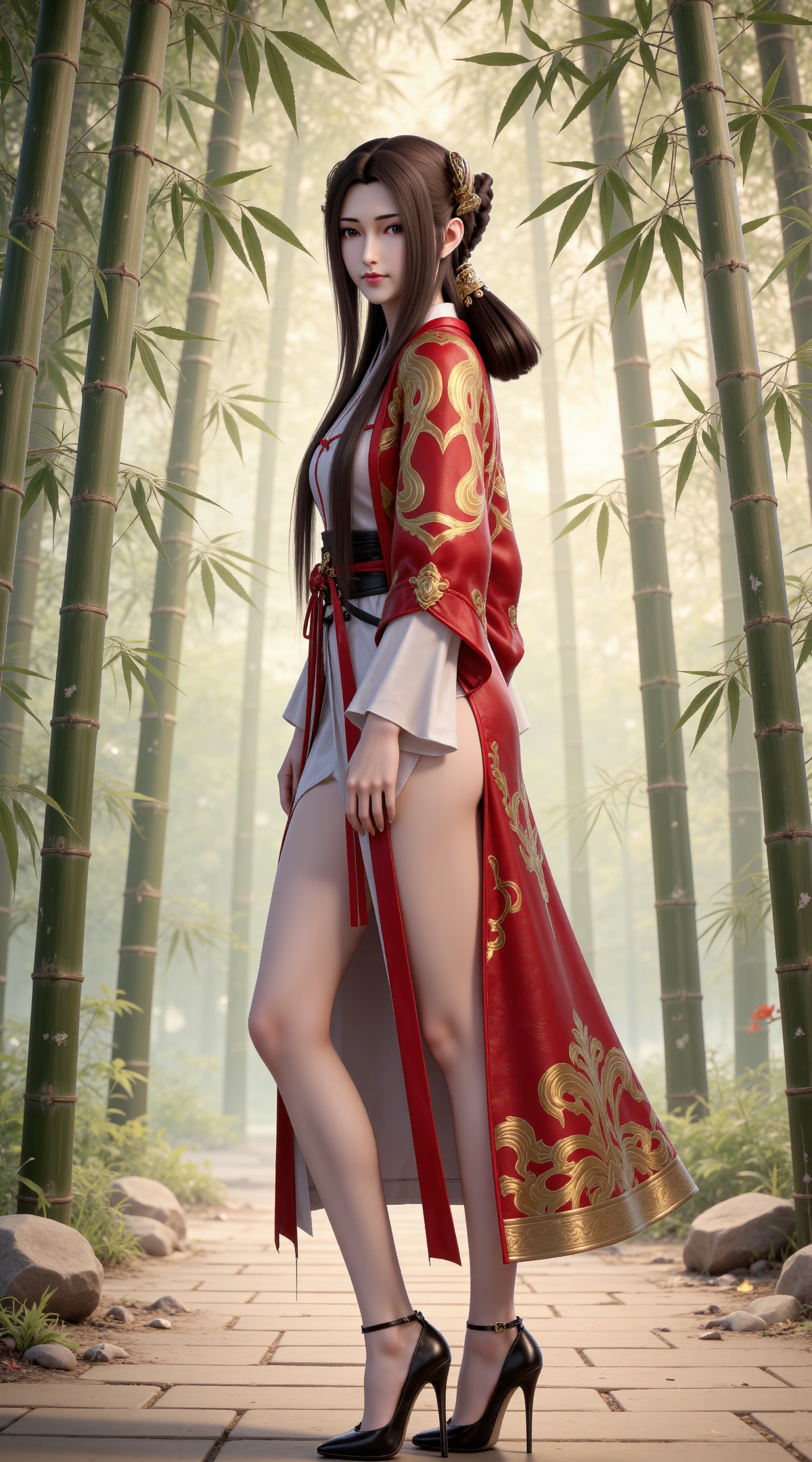 
masterpiece,high quality,tall,game cg,highres,(soft light:1.2),(white_skin:0.6),(shiny_skin:0.6),(realistic:1.1),
black hair, long hair, brown eyes, hair ring, braid, hair_ornament, qinyining, red kimono coat, qinyining white dress, qinyining hanfu, long_sleeves, wide_sleeves, 1girl, high heels, solo, full body, jewelry, realistic, looking at viewer, standing, earrings, black footwear, bare legs,from side,nature,bamboo,