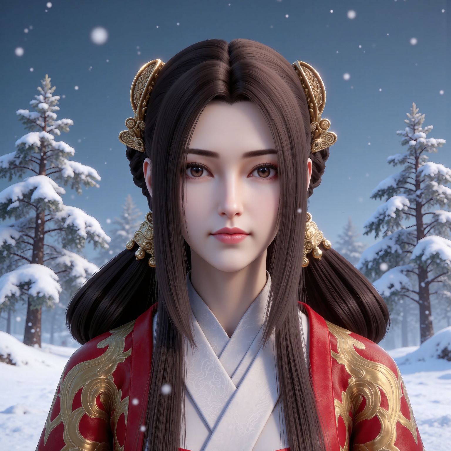 

masterpiece,high quality,tall,game cg,highres,(soft light:1.2),(white_skin:0.6),(shiny_skin:0.6),(realistic:1.1),
black hair, long hair, brown eyes, hair ring, hair_ornament, qinyining, red kimono coat, qinyining white dress, qinyining hanfu, 1girl, solo, snow, realistic, upper body, snowing, looking at viewer, tree, outdoors, snowflakes, winter, sky, closed mouth, blurry, braid