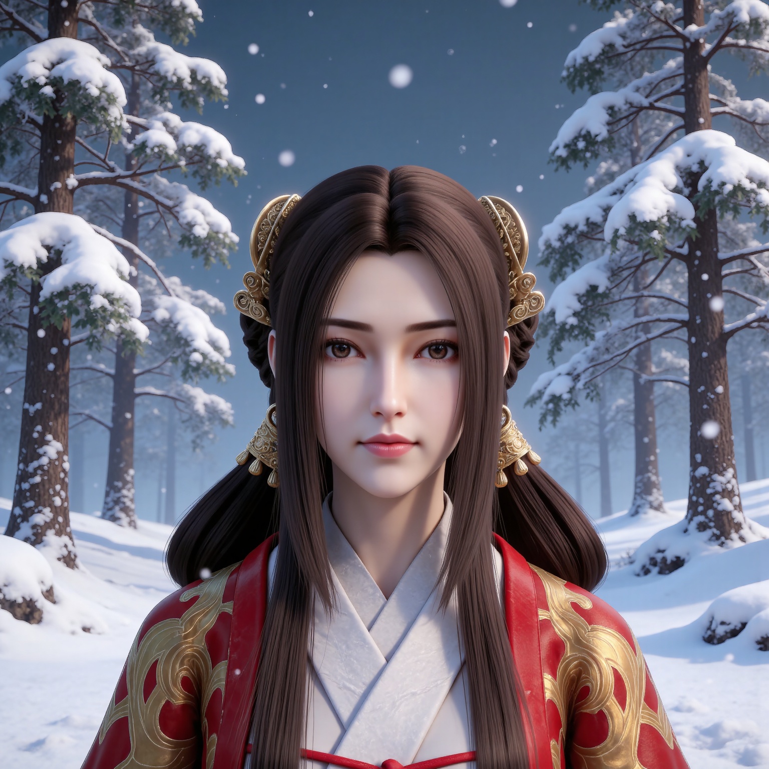 

masterpiece,high quality,tall,game cg,highres,(soft light:1.2),(white_skin:0.6),(shiny_skin:0.6),(realistic:1.1),
black hair, long hair, brown eyes, hair ring, hair_ornament, qinyining, red kimono coat, qinyining white dress, qinyining hanfu, 1girl, solo, snow, realistic, upper body, snowing, looking at viewer, tree, outdoors, snowflakes, winter, sky, closed mouth, blurry, braid
