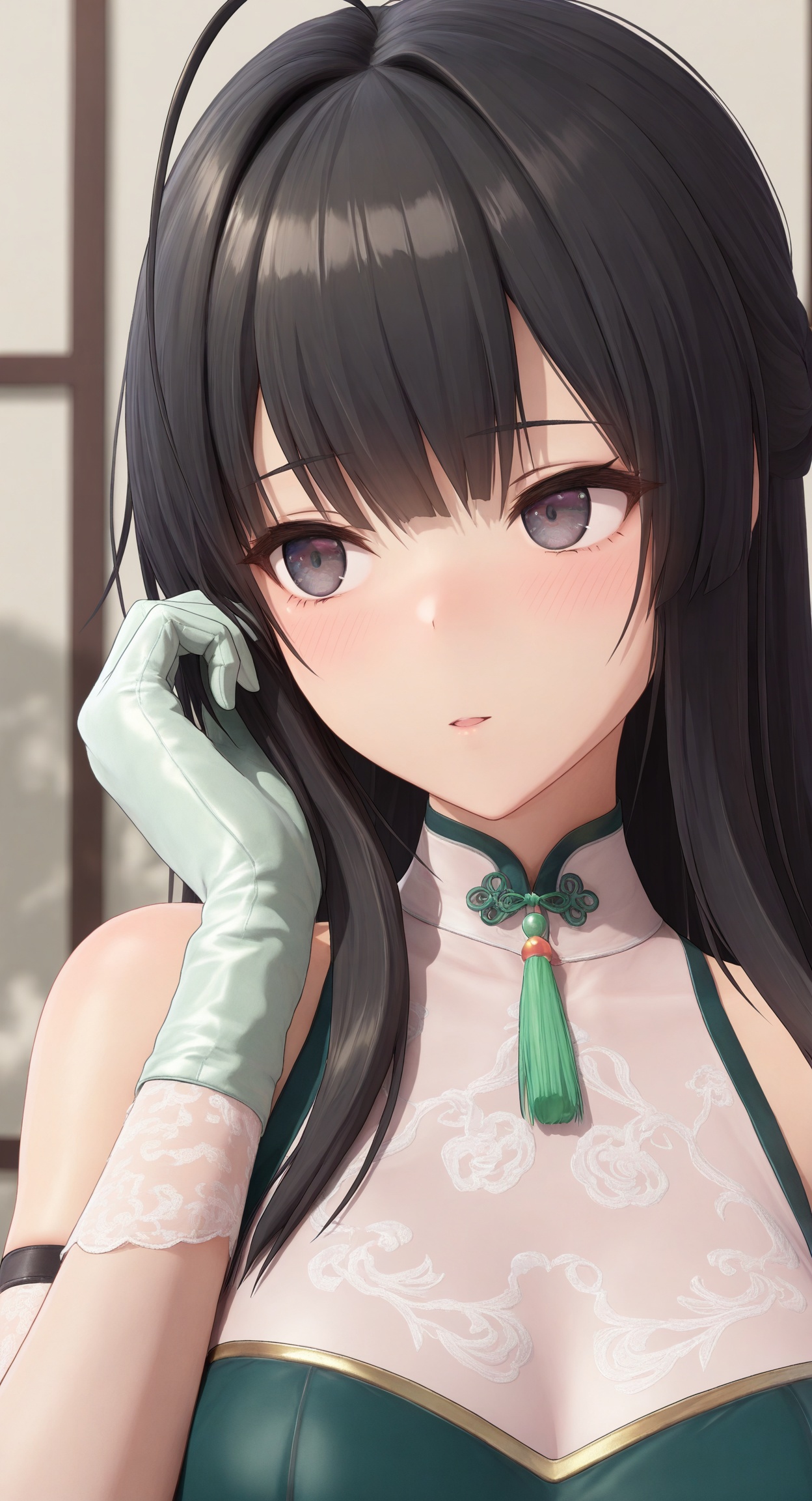 ((masterpiece)), ((best quality)), 8k, high detailed, ultra-detailed,  detailed_eyes,
himitsu_(himitsu_2),3d frontline girl style,
rmei plumblossomletter,portrait,
1girl,solo,black hair,dress,chinese_clothes,gloves,white glove,green glove,elbow_glove,
