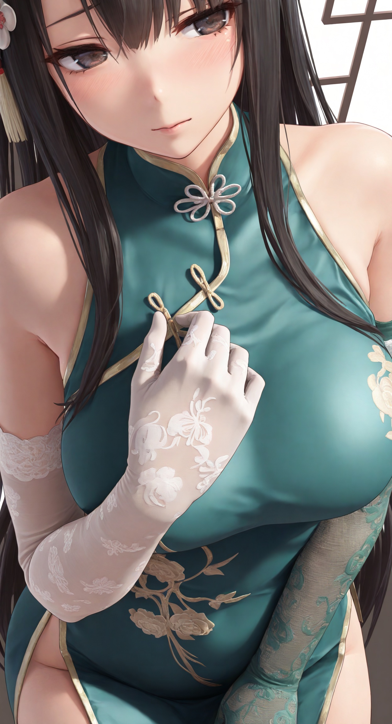 ((masterpiece)), ((best quality)), 8k, high detailed, ultra-detailed,  detailed_eyes,
himitsu_(himitsu_2),3d frontline girl style,
rmei plumblossomletter,portrait,
1girl,solo,black hair,dress,chinese_clothes,gloves,white glove,green glove,elbow_glove,