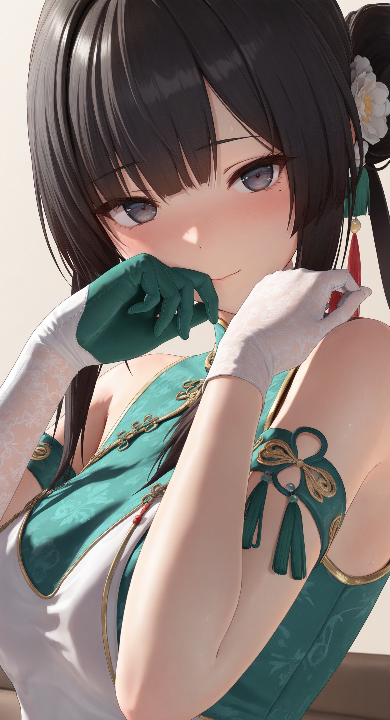 ((masterpiece)), ((best quality)), 8k, high detailed, ultra-detailed,  detailed_eyes,
himitsu_(himitsu_2),3d frontline girl style,
rmei plumblossomletter,portrait,
1girl,solo,black hair,dress,chinese_clothes,gloves,white glove,green glove,elbow_glove,