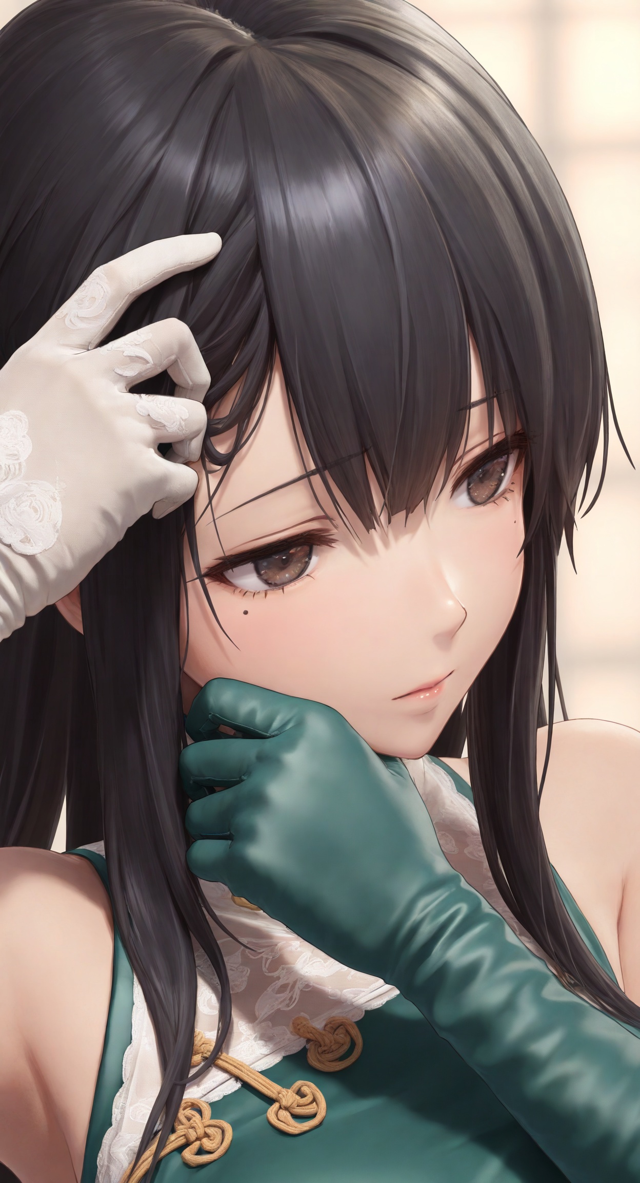 ((masterpiece)), ((best quality)), 8k, high detailed, ultra-detailed,  detailed_eyes,
himitsu_(himitsu_2),3d frontline girl style,
rmei plumblossomletter,portrait,
1girl,solo,black hair,dress,chinese_clothes,gloves,white glove,green glove,elbow_glove,