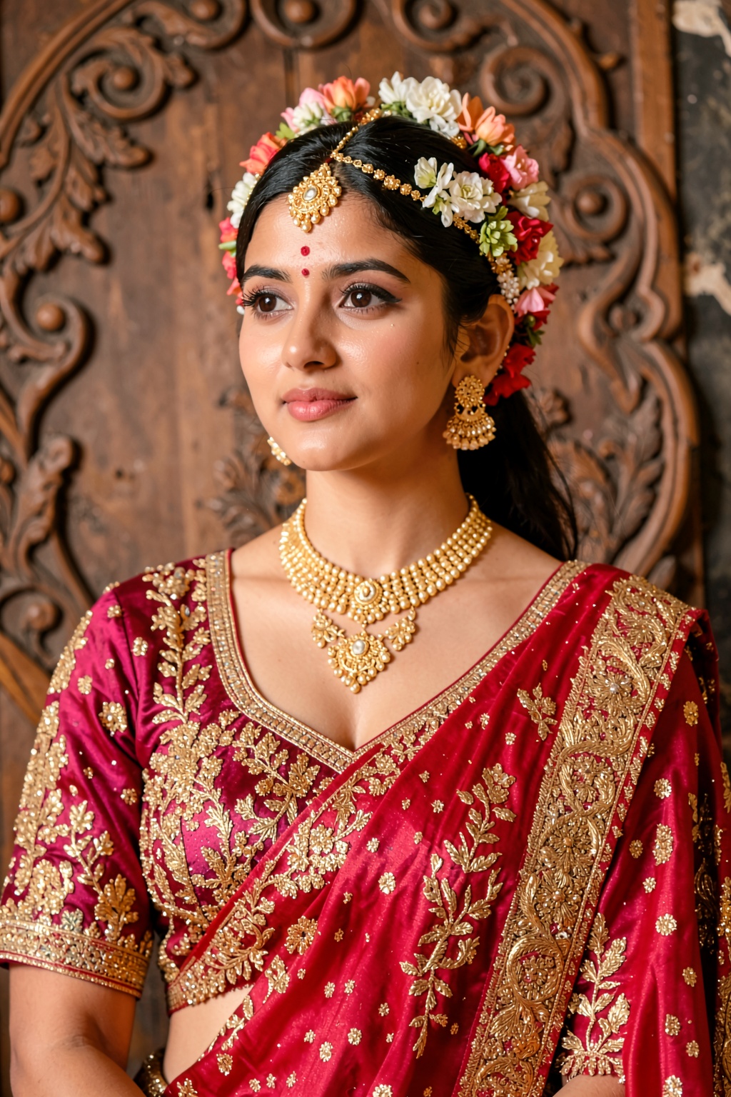 RIMP,  an Indian_woman dressed in a traditional Indian outfit,  adorned with gold embroidery and a gold necklace. Her hair...