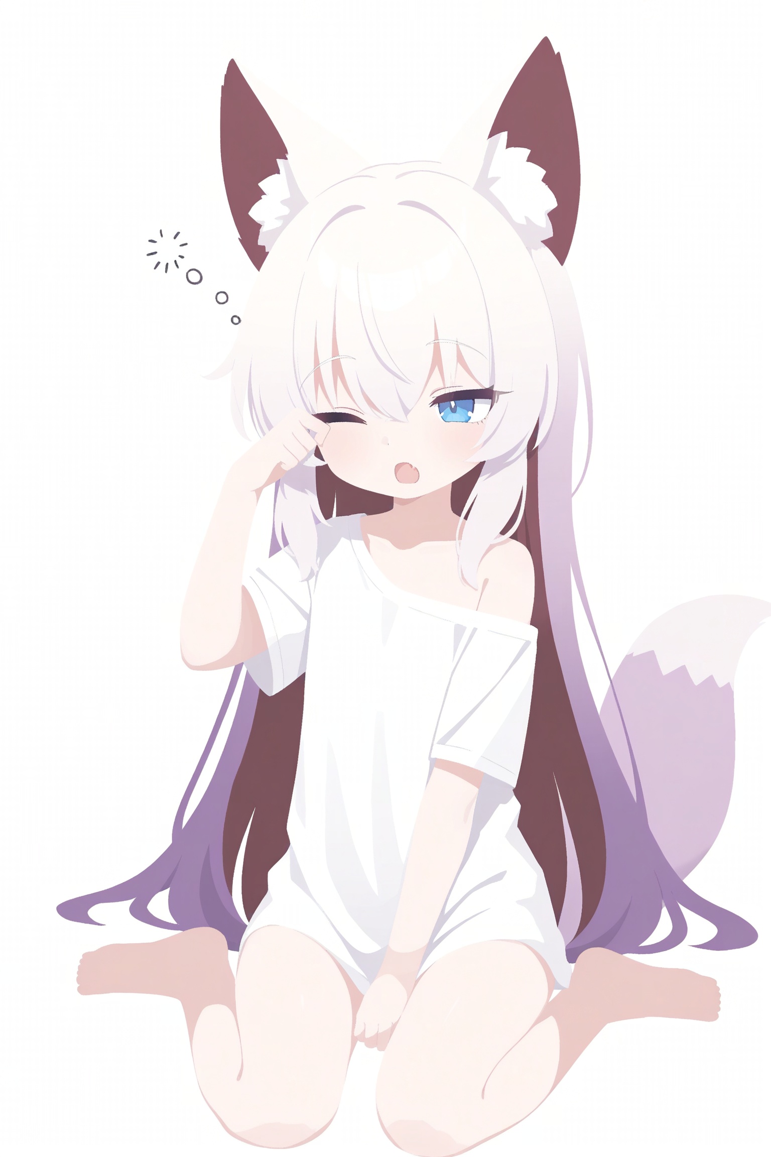 tenko_shibuki,1girl,animal_ear_fluff,animal_ears,barefoot,between_legs,blue_eyes,cat_girl,fang,flat_chest,fox_ears,fox_girl,fox_tail,full_body,hand_between_legs,long_hair,multicolored_hair,naked_shirt,no_pants,off_shoulder,one_eye_closed,purple_hair,rubbing_eyes,shirt,short_sleeves,simple_background,sitting,skin_fang,sleepy,squeans,tail,two-tone_hair,very_long_hair,white_background,white_hair,white_shirt,absurdres,commentary,highres,untranslatable_commentary