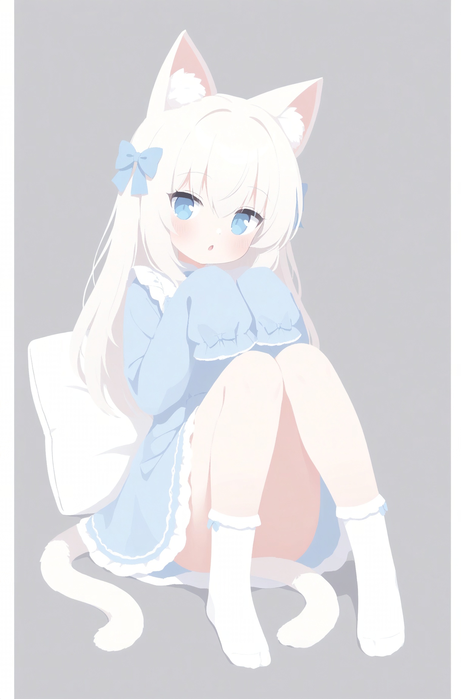 1girl,animal_ear_fluff,animal_ears,blue_bow,blue_dress,blue_eyes,blush,border,bow,cat_ears,cat_girl,cat_tail,cropped_legs,double-parted_bangs,dress,grey_background,hair_between_eyes,hair_bow,knees_up,long_hair,long_sleeves,looking_at_viewer,open_mouth,outside_border,pillow,simple_background,sleeves_past_fingers,sleeves_past_wrists,socks,solo,tail,twitter_username,white_border,white_hair,white_socks