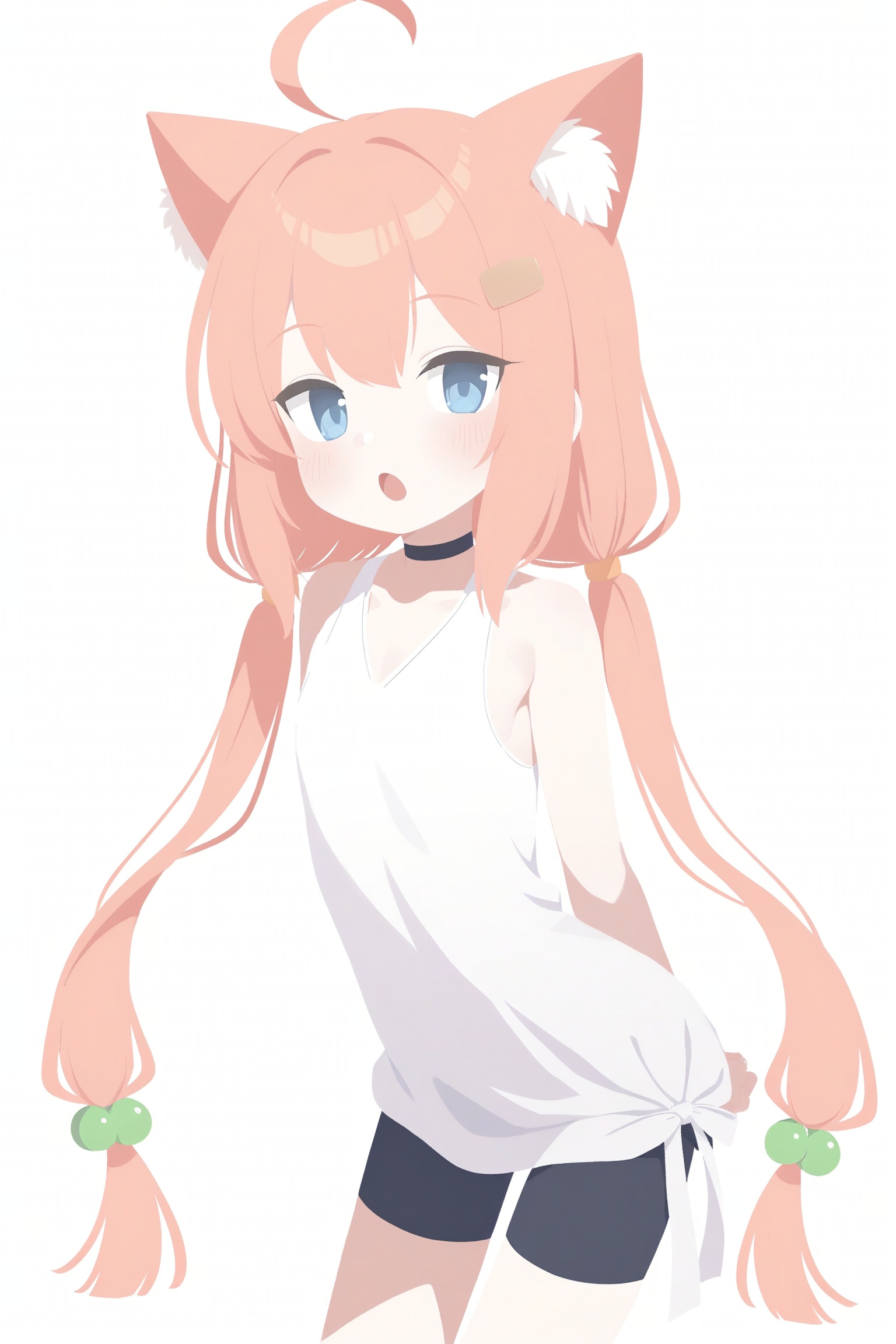 nekomiya hinata,white background,1girl, ahoge, animal ear fluff, animal ears, armpits, arms behind back, bike shorts, black shorts, blue eyes, blush, cat ears, cat girl, choker, hair bobbles, hair ornament, leaning forward, long hair, looking at viewer, low twintails, open mouth, own hands together, pink hair, shorts, solo, **** top, twintails, virtual youtuber, white **** top