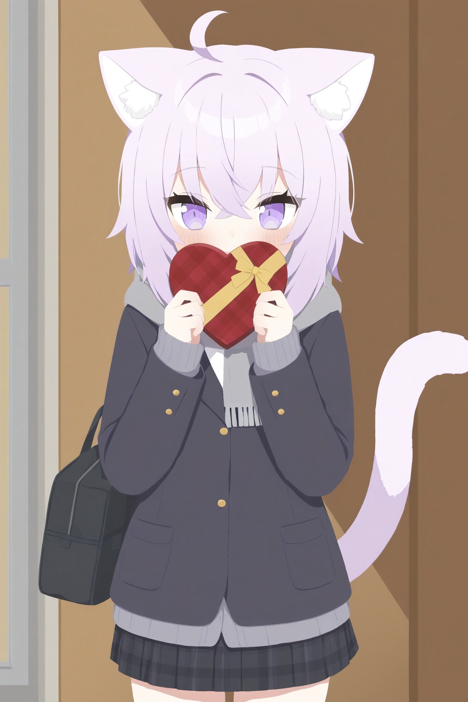 nekomata okayu, 1girl, ahoge, alternate costume, animal ear fluff, animal ears, bag, black jacket, black skirt, blazer, blush, box, cardigan, cat ears, cat girl, cat tail, covering own mouth, cowboy shot, crossed bangs, double-parted bangs, grey cardigan, grey scarf, hair between eyes, hand in pocket, heart-shaped box, holding, holding box, indoors, jacket, looking at viewer, plaid clothes, plaid skirt, pleated skirt, purple eyes, purple hair, scarf, school bag, school uniform, short hair, skirt, solo, standing, tail, valentine, virtual youtuber, absurdres, commentary request, highres, wide shot