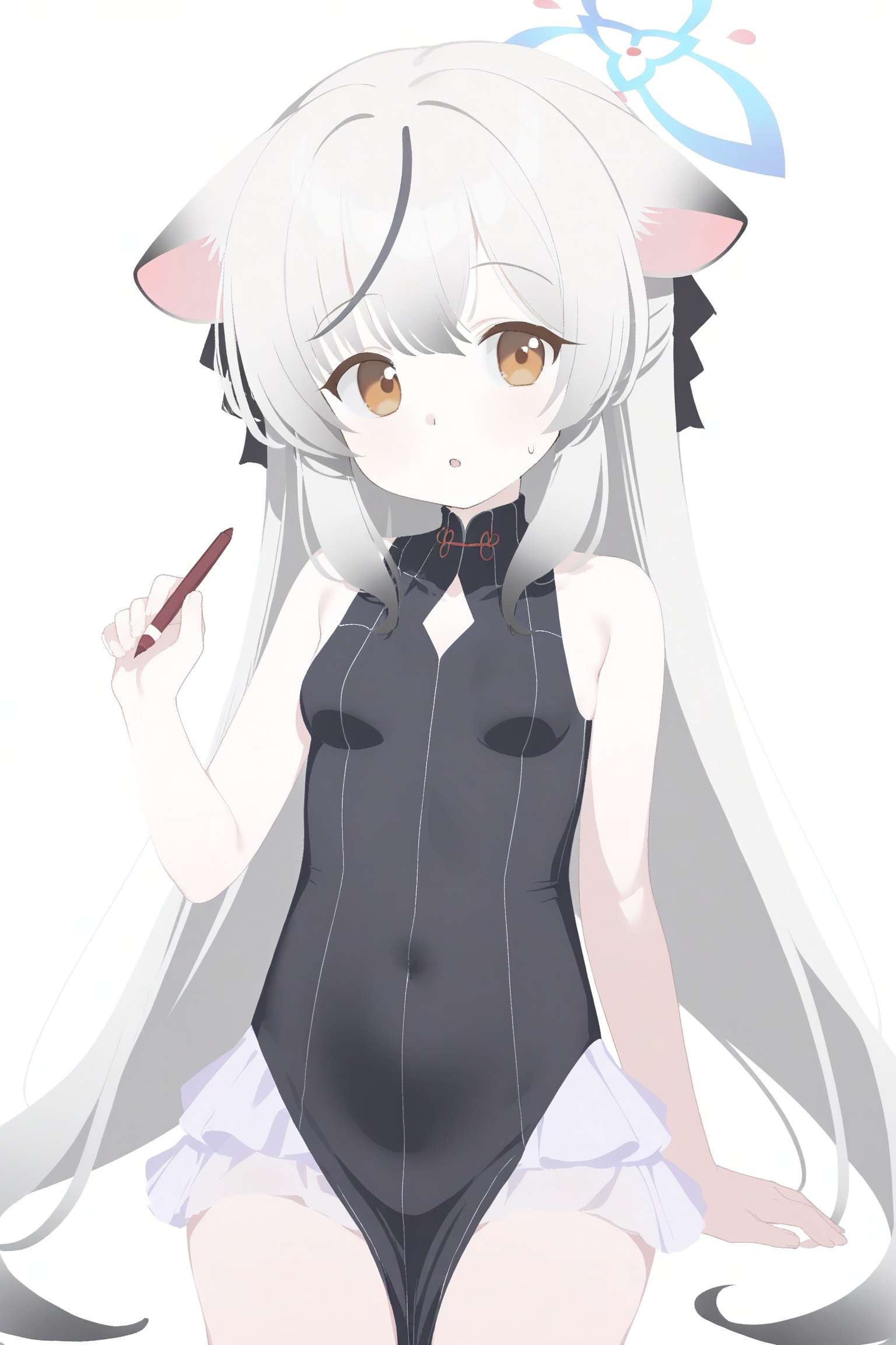 blue archive, kokona \(blue archive\), 1girl, animal ears, blue halo, breasts, grey hair, halo, holding, holding pencil, long hair, looking at viewer, pencil, sitting, small breasts, white background, yellow eyes