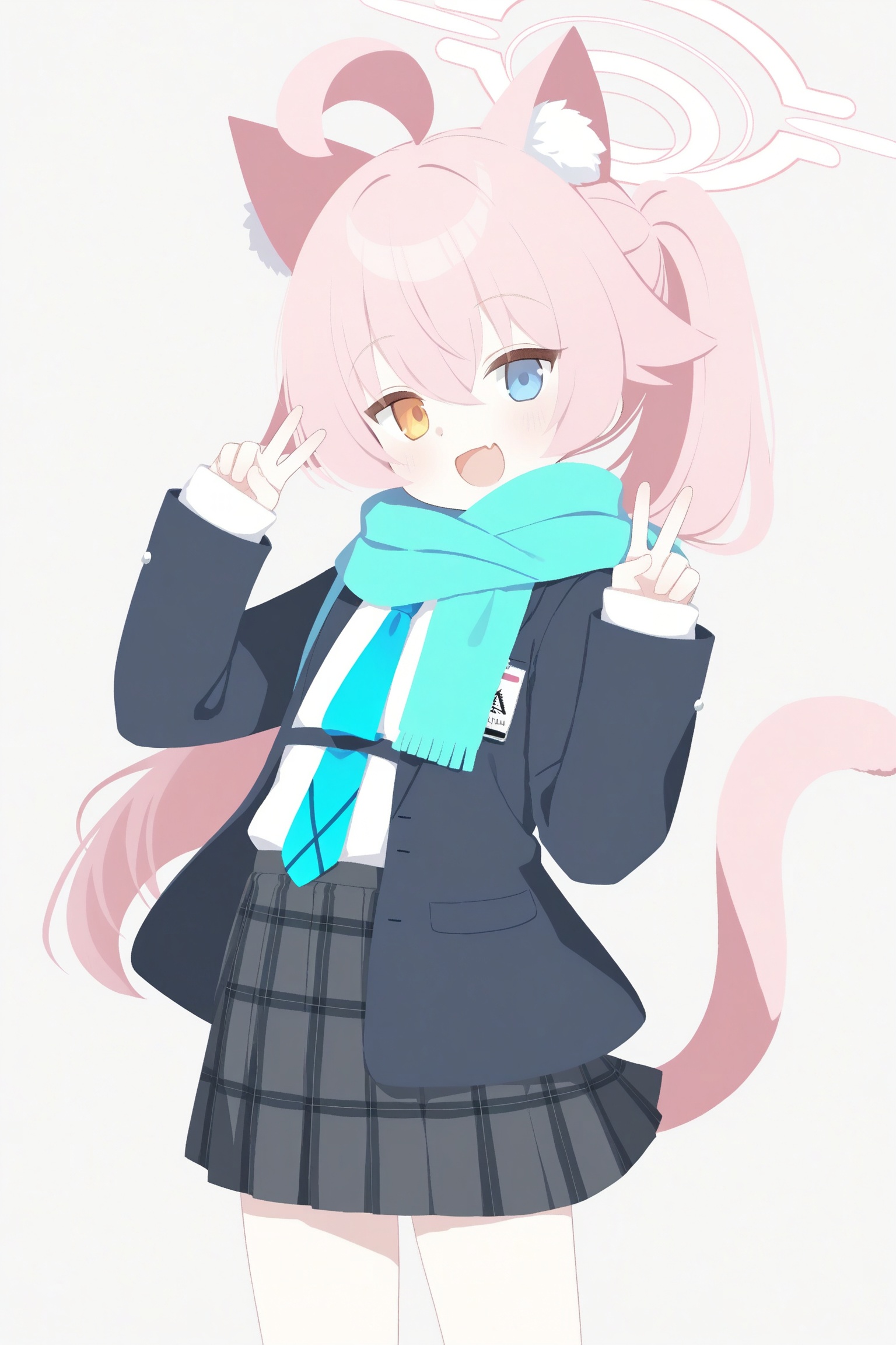 blue archive, hoshino \(blue archive\), hoshino \(second year\) \(blue archive\), 1girl, ahoge, animal ear fluff, animal ears, aqua scarf, black jacket, black skirt, blazer, blue eyes, blue necktie, blue scarf, blush, cat ears, cat girl, cat tail, cowboy shot, fang, grey skirt, grey sweater, hair between eyes, halo, heterochromia, jacket, long hair, long sleeves, looking at viewer, necktie, open clothes, open jacket, open mouth, pink hair, pink halo, plaid clothes, plaid skirt, pleated skirt, ponytail, scarf, school uniform, shirt, simple background, skin fang, skirt, smile, solo, sweater, tail, v, white background, white shirt, yellow eyes