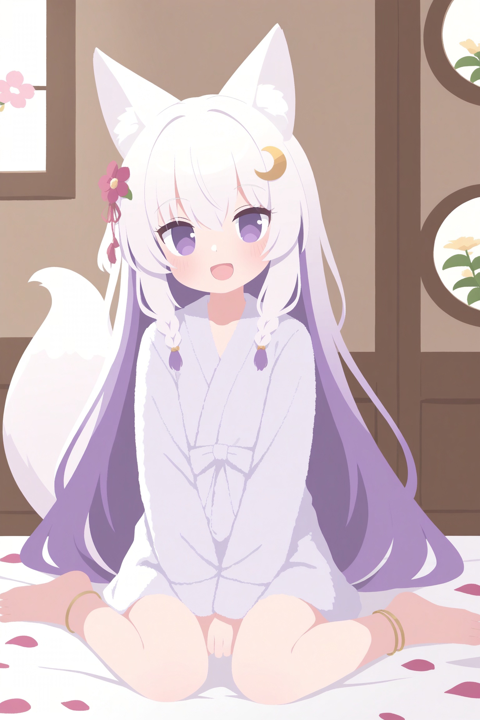 1girl, animal ears, tail, fox tail, long hair, fox ears, solo, barefoot, flower, jewelry, fox girl, smile, hair ornament, round window, animal ear fluff, sitting, window, white hair, purple hair, looking at viewer, anklet, purple eyes, braid, open mouth, blush, crescent, indoors, very long hair, between legs, :d, bathrobe, petals