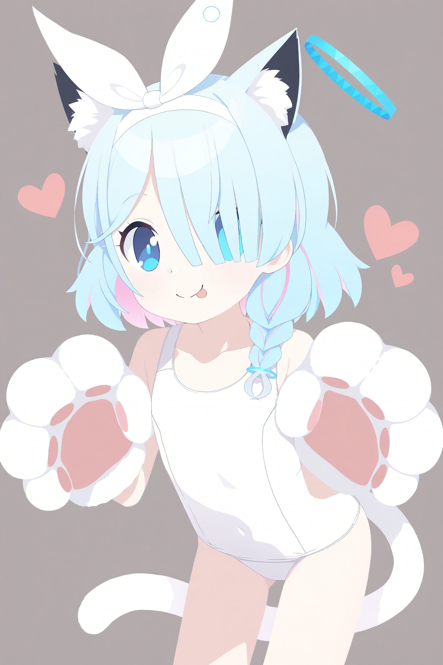 arona \(blue archive\), 1girl, animal ears, animal hands, blue eyes, blue hair, blue halo, blue pupils, bow, bow hairband, braid, cat ears, cat girl, cat paws, cat tail, closed mouth, colored inner hair, flat chest, gloves, hair bow, hair over one eye, hairband, halo, heart, kemonomimi mode, leaning forward, looking at viewer, mismatched pupils, multicolored hair, one-piece swimsuit, outline, paw gloves, pink hair, red pupils, school swimsuit, side braid, single braid, solo, swimsuit, tail, tongue, tongue out, two-tone hair, white bow, white hairband, white one-piece swimsuit, white outline