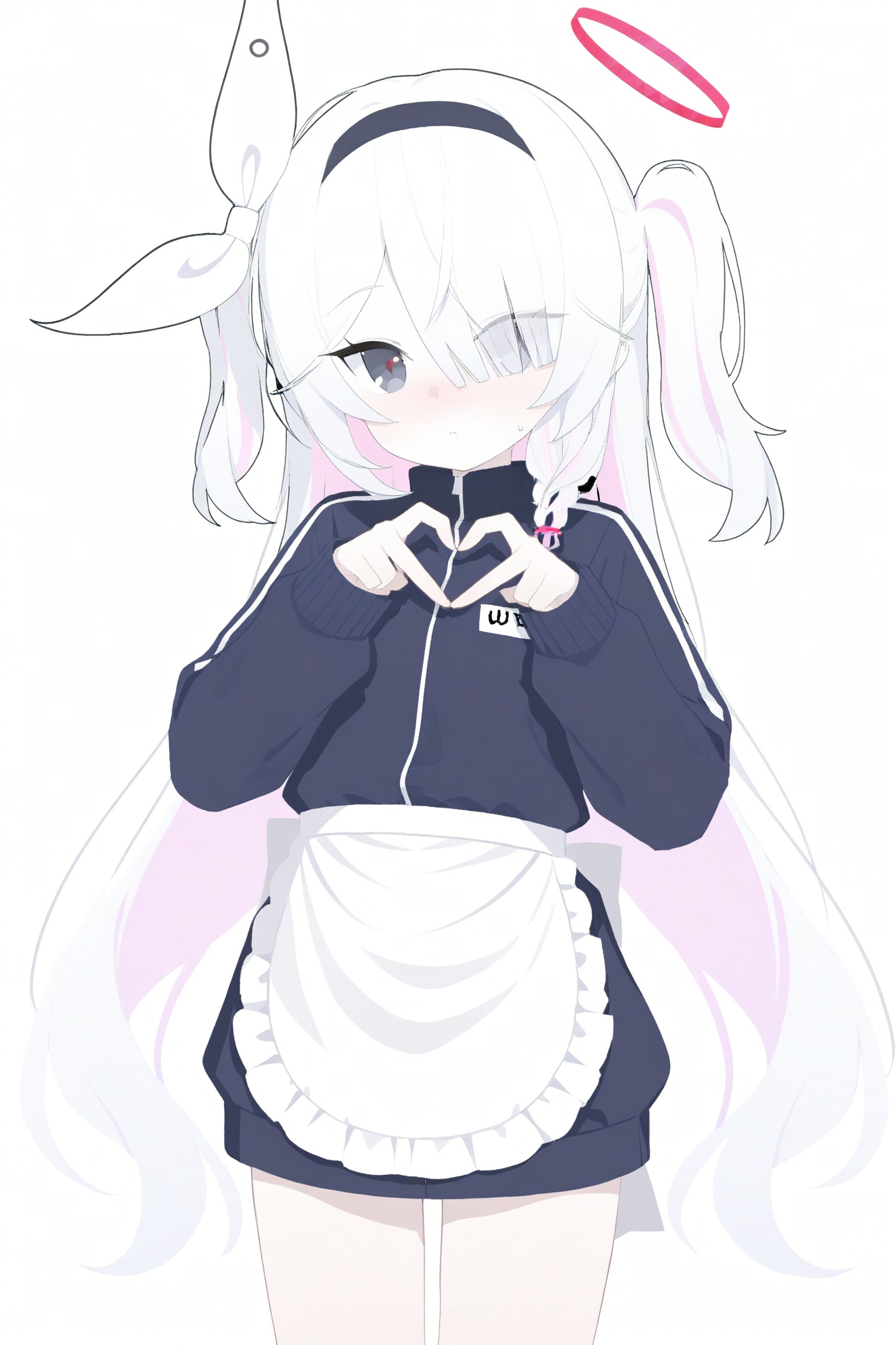 blue archive, plana \(blue archive\), 1girl, alternate costume, apron, black hairband, black jacket, blush, braid, cowboy shot, eyes visible through hair, four-finger heart hands, frilled apron, frills, grey hair, hair over one eye, hairband, halo, heart, heart hands, jacket, jersey maid, long hair, long sleeves, looking at viewer, maid, maid apron, maid headdress, multicolored hair, name tag, no pants, nose blush, pink hair, simple background, single braid, solo, thighs, track jacket, twintails, two-tone hair, unconventional maid, very long hair, waist apron, white background