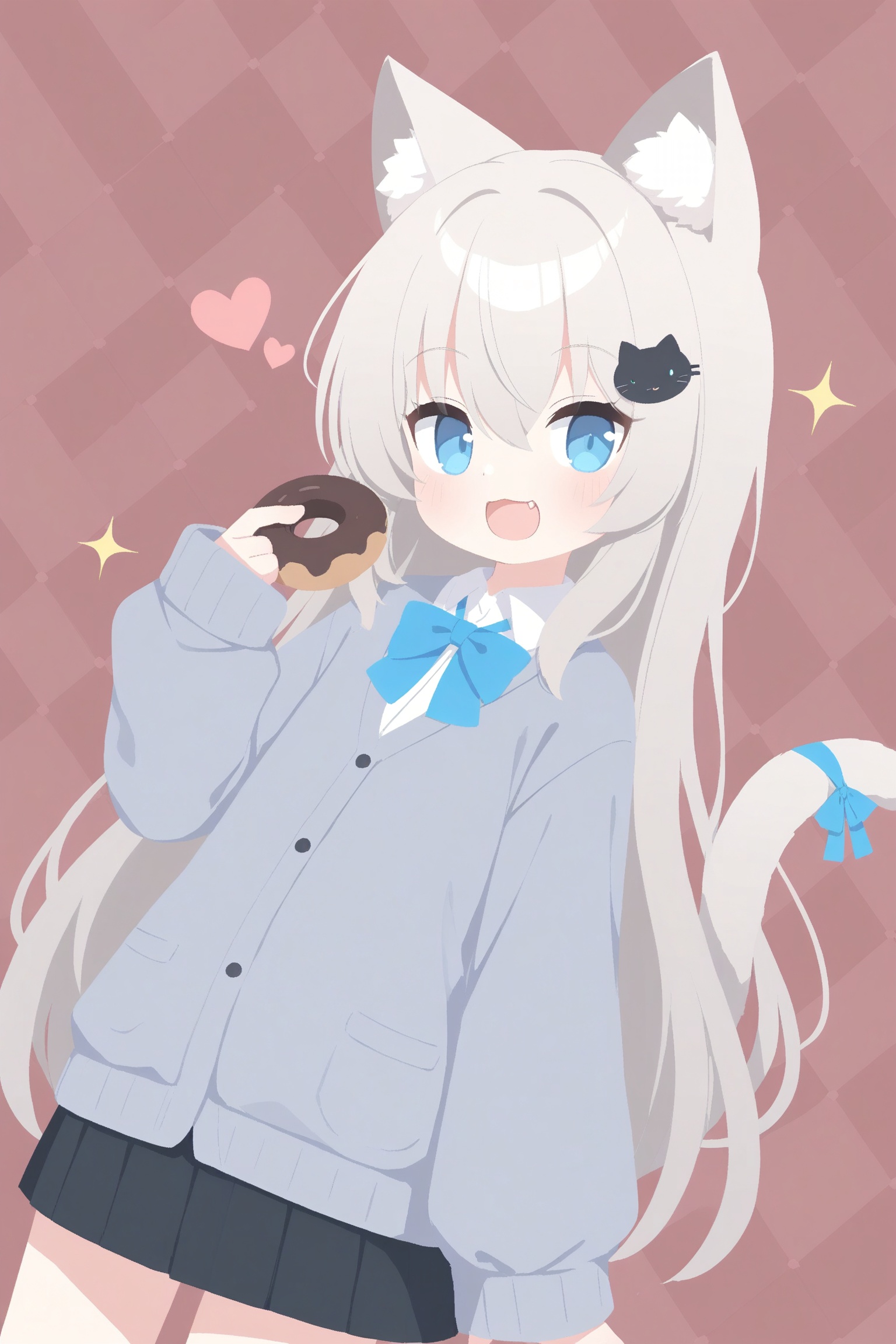 masterpiece,very aware,highres,absurdres,newest,best quality,loli,petite,high quality,chromatic_aberration,cinematic_angle,dutch angle, doughnut, 1girl, grey cardigan, animal ears, skirt, tail, cat tail, grey hair, shirt, argyle background, food, cat ears, black skirt, pleated skirt, cardigan, solo, blue eyes, white shirt, collared shirt, tail ornament, animal ear fluff, tail bow, holding, puffy long sleeves, cat girl, hair ornament, long hair, blue bow, bow, holding food, long sleeves, sleeves past wrists, very long hair, hairclip, puffy sleeves, cat hair ornament, looking at viewer, hair between eyes, smile, blush, open mouth, sparkle, dress shirt, :d, fang, hand up, fish hair ornament, eating, school uniform, two-tone background, grey sweater, tail ribbon, blue cardigan, grey jacket, heart, tail raised


