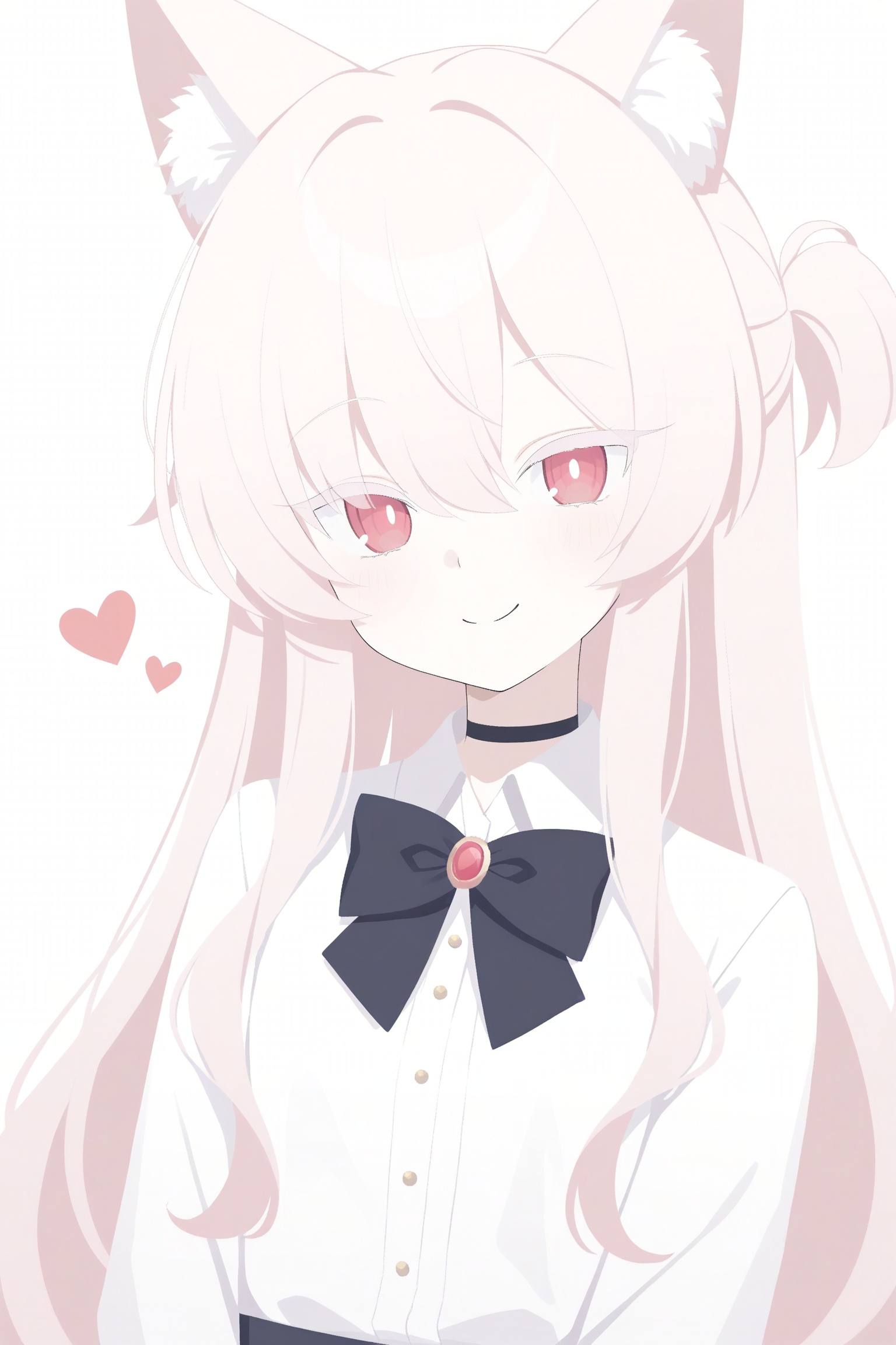 akira_(blue_archive),1girl,animal_ear_fluff,animal_ears,black_bow,black_bowtie,black_choker,blush,bow,bowtie,bright_pupils,cat_ears,cat_girl,choker,closed_mouth,collared_shirt,colored_eyelashes,eyes_visible_through_hair,hair_between_eyes,hair_intakes,heart,long_hair,long_sleeves,looking_at_viewer,pink_hair,red_eyes,shirt,sidelocks,simple_background,smile,solo,split_mouth,tsurime,upper_body,white_background,white_eyelashes,white_pupils,white_shirt,absurdres,commentary_request,highres,partial_commentary