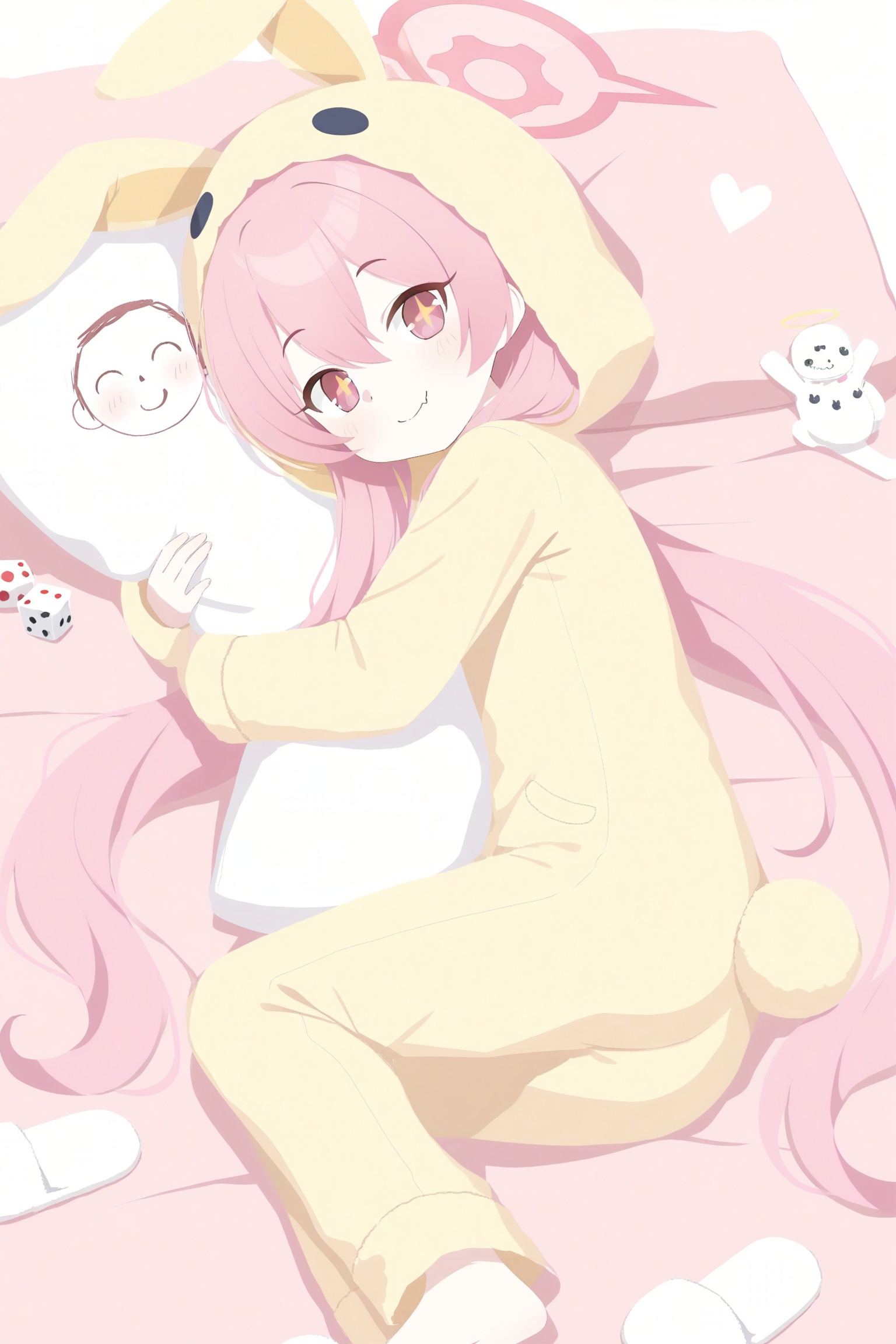 koyuki \(blue archive\), koyuki \(pajamas\) \(blue archive\), sensei \(blue archive\), doodle sensei \(blue archive\), + +, 1girl, animal costume, bent back, blush, closed mouth, cosplay, dice, fang, hair between eyes, halo, heart, hood, hood up, hooded pajamas, hugging object, kigurumi, long hair, long sleeves, looking at viewer, official alternate costume, onesie, pajamas, pillow, pillow hug, pink eyes, pink hair, pink halo, rabbit costume, rabbit pajamas, rabbit tail, skin fang, slippers, smile, solo, split mouth, tail, twintails, unworn slippers, white slippers, yellow pajamas