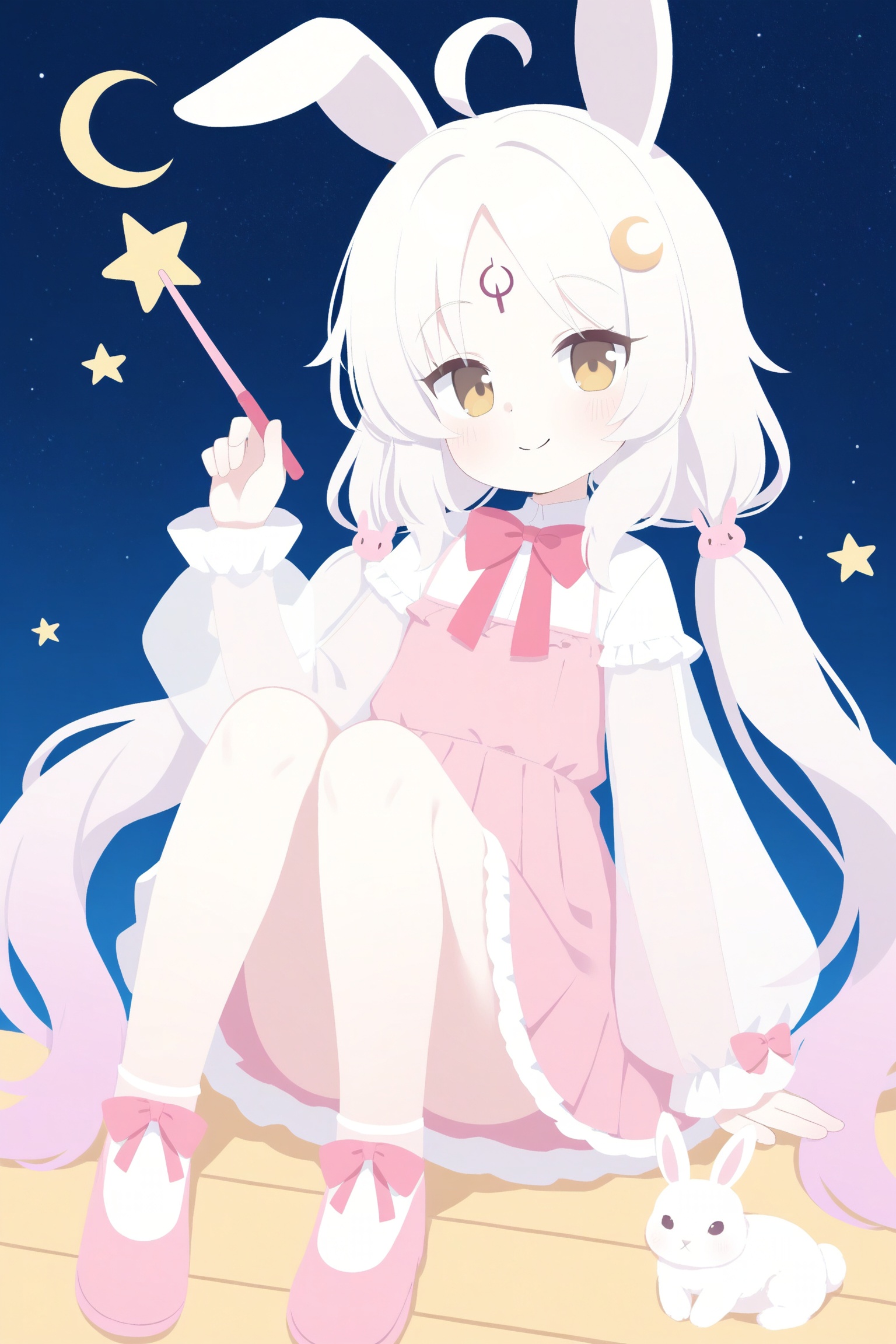 blue archive,1girl,loli,petite,high quality,chromatic_aberration,cinematic_angle,dutch angle,  1girl, rabbit, white footwear, solo, white hair, long sleeves, shoes, rabbit ears, long hair, crescent, puffy long sleeves, crescent moon, dress, parted bangs, very long hair, animal ears, star (symbol), animal, puffy sleeves, star (sky), closed mouth, smile, yellow eyes, holding, sky, looking at viewer, blush, low twintails, starry sky, moon, frilled dress, frills, pink dress, twintails, full body, ahoge, knees up, bow, multicolored hair, holding wand, hand up, rabbit hair ornament, sleeves past wrists, see-through, wand, see-through sleeves, hair ornament, gradient hair, pink footwear, facial mark, night sky, brown eyes,  night, frilled skirt, pink bow, forehead mark, shirt, pleated dress, sitting, white shirt, starry background, space, parted lips

