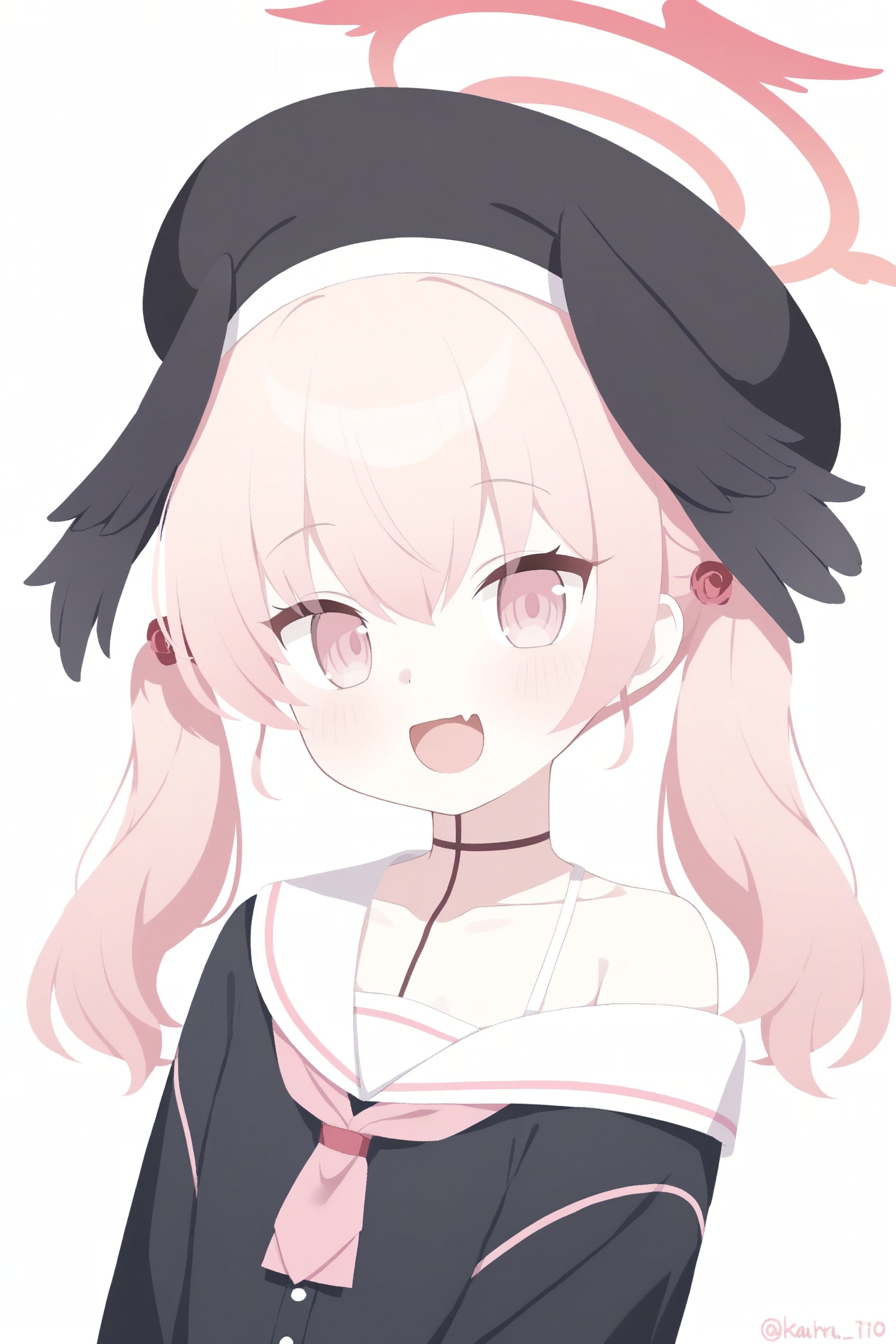 blue archive, koharu \(blue archive\), 1girl, :d, beret, black hat, black shirt, black wings, blush, collarbone, fang, feathered wings, hair between eyes, hair ornament, halo, hat, head wings, long hair, looking at viewer, neckerchief, off shoulder, open mouth, pink eyes, pink hair, pink halo, pink neckerchief, sailor collar, school uniform, serafuku, shirt, simple background, single bare shoulder, skin fang, smile, solo, twintails, twitter username, upper body, white background, white sailor collar, winged halo, winged hat, wings