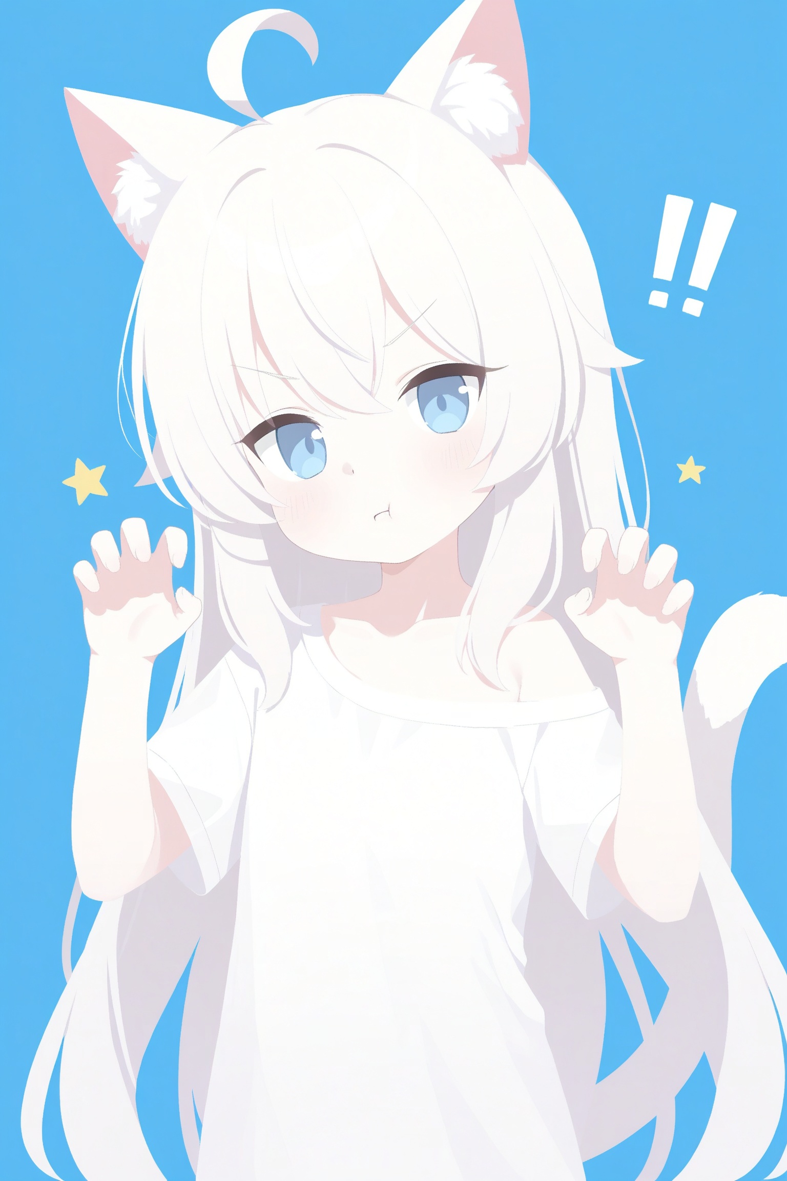 blue archive,loli, 1girl, solo, long hair, looking at viewer, blush, bangs, blue eyes, simple background, shirt, animal ears, very long hair, closed mouth, tail, white shirt, ahoge, white hair, short sleeves, cat ears, off shoulder, star \(symbol\), v-shaped eyebrows, cat tail, animal ear fluff, hands up, blue background, cat girl, !, :t, pout, claw pose, !!, oversized shirt

