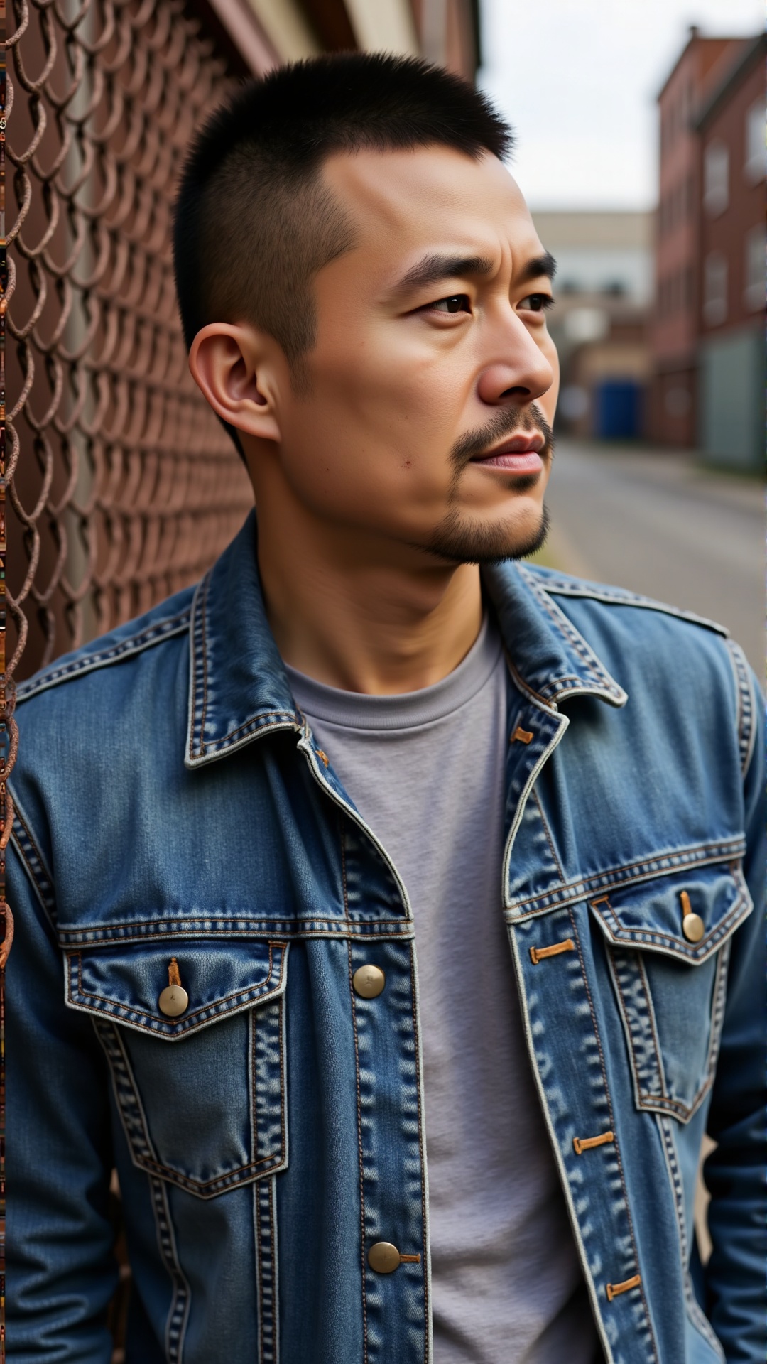nsjs, A 30-year-old man with short, crisp hair, wearing a faded denim jacket over a plain t-shirt, leaning against a rusted metal fence in an industrial alley, his jawline sharp and gaze steady, oozing a raw, unpolished masculinity,