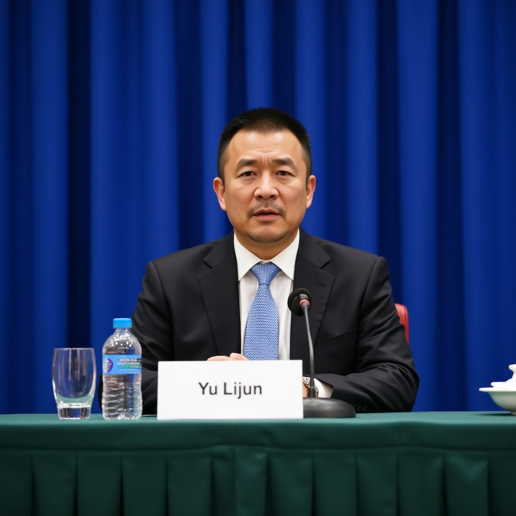 nsjs, a middle-aged male Lijun (wearing a black suit, white shirt, and light blue dotted tie) is sitting behind a conference table covered with a dark green tablecloth. In front of him are a nameplate with "Yu Lijun" written on it, a microphone, a transparent water glass and a white tureen. The background is a pure blue curtain, the light is bright and even, showing a formal conference/press conference scene. The character is speaking, with an unhappy look on his face.