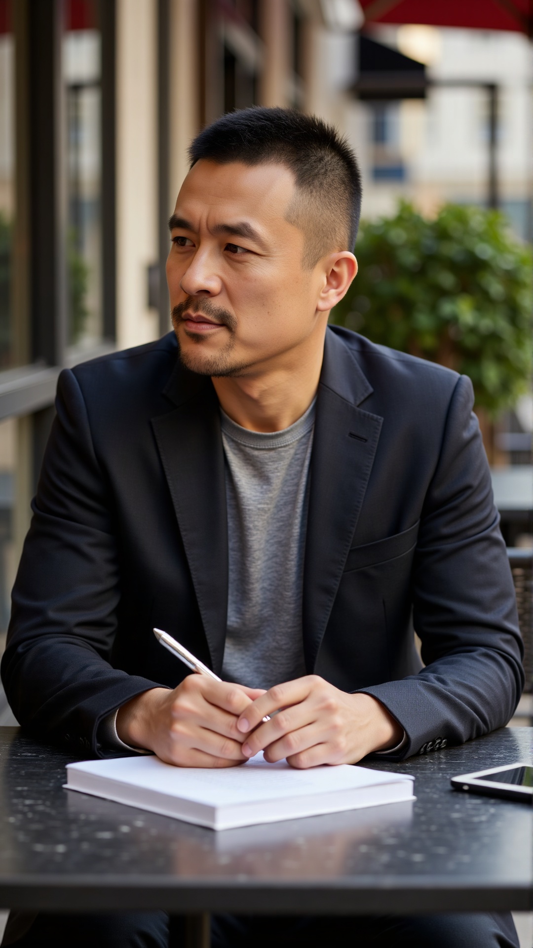 nsjs, A 37-year-old man with neat short hair, dressed in a dark, tailored blazer over a plain tee, sitting at an outdoor café table with a book in one hand and a pen in the other, pausing to nod at a passing neighbor—calm in his posture and a thoughtful spark in his eye, permeated with a composed, approachable masculinity