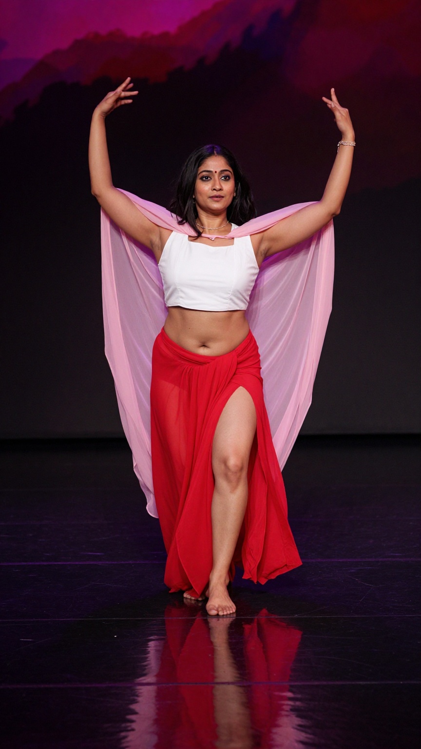 Photograph of a indian woman dancing on a reflective black stage. She has fair skin long dark hair and is wearing a white...