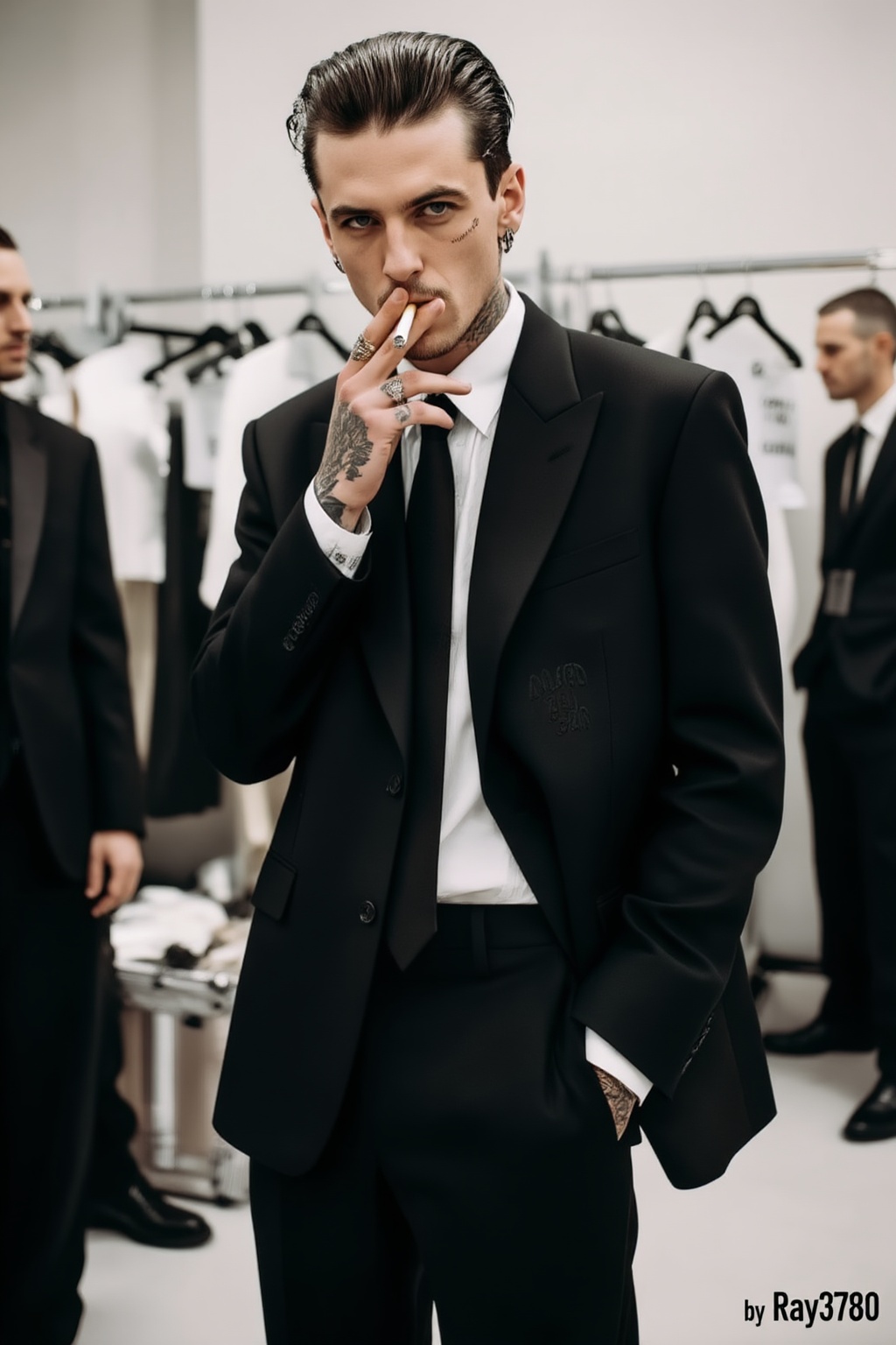 a photo of a young white man with slicked-back hair and tattoos wearing an oversized black suit,  holding up his hand to h...