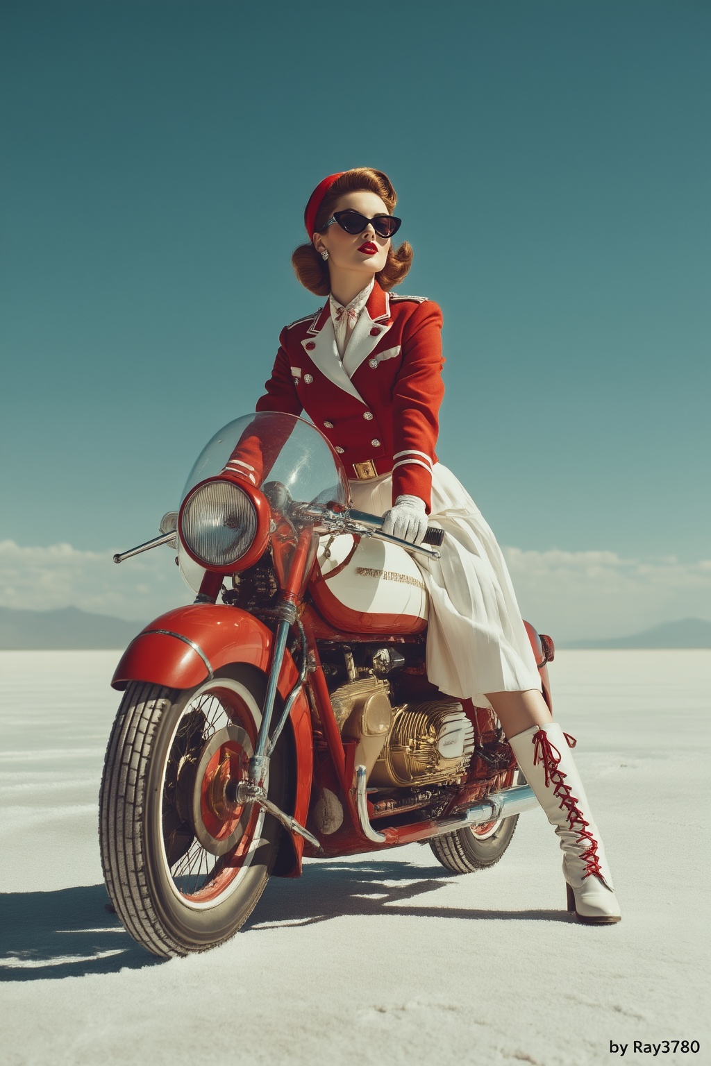 Low-angle full-body shot of a stylish woman with a vintage aesthetic sitting atop a bulky retro-futuristic motorcycle in a...