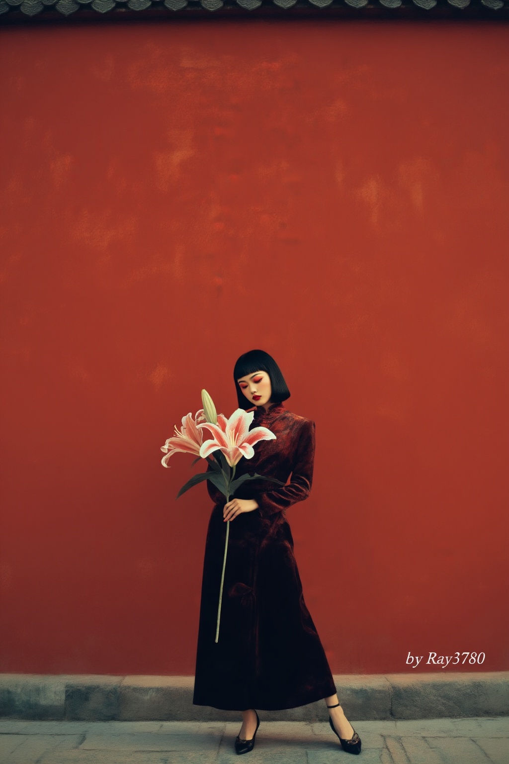 Full shot panorama,  minimalist composition. An elegant Asian female model posing artistically against a large textured ve...