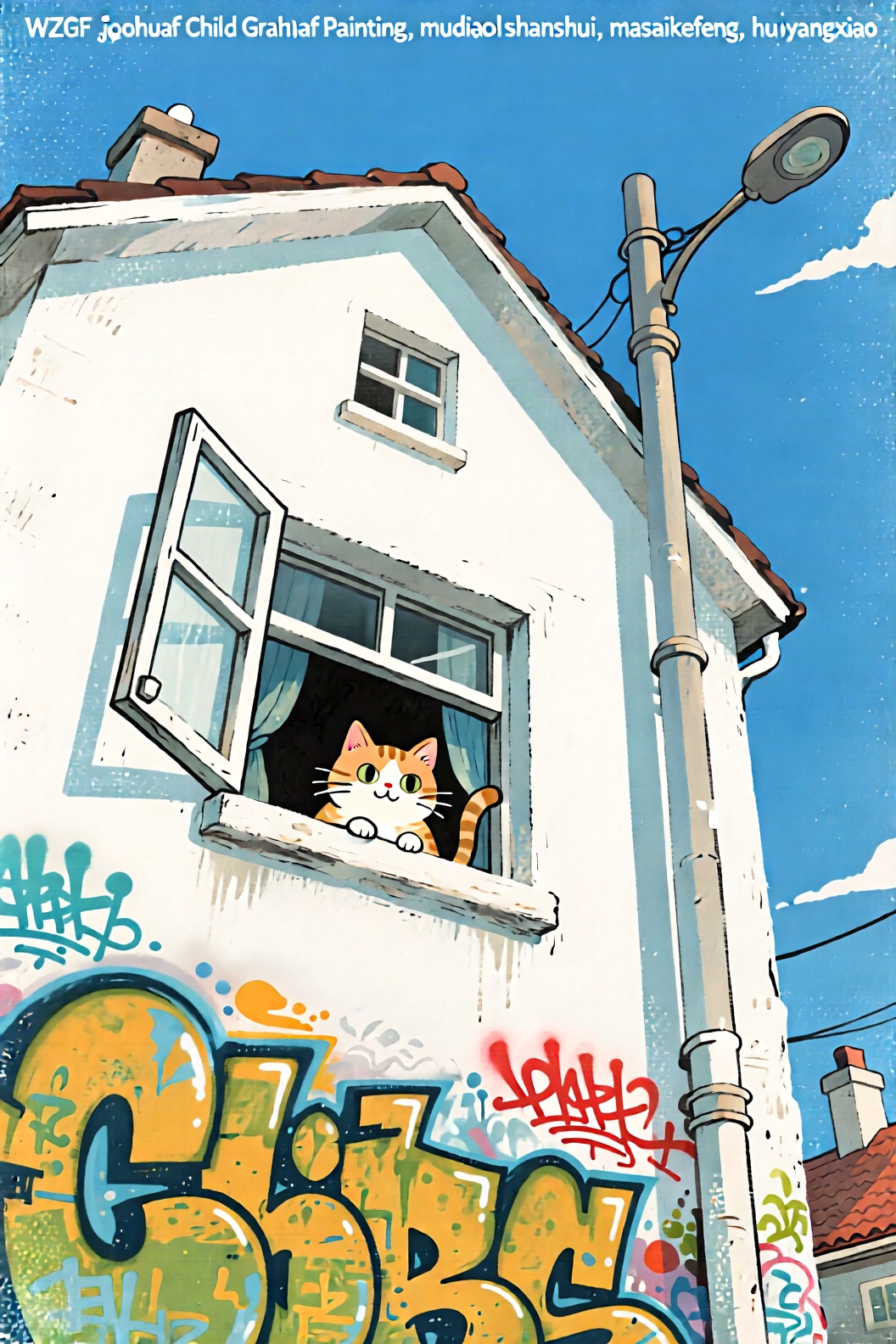 JYZGF, guohuaf, Child Graffiti Painting, mudiaoshanshui, masaikefeng, huoyangxiao,
Wu Zhengliang style illustration, screen printing style, grainy texture, upward perspective; the close-up view is a white house, with a cat in the window, a pole next to it, and the blue sky behind it; pure flat illustration, ultra-simple composition, grainy texture, flat painting, ultra-high definition, 8K, high saturation