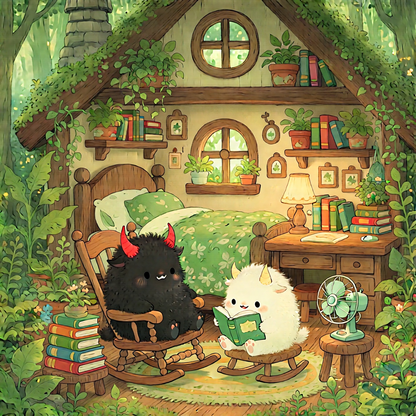 stankatayamaniji6q illustration.  

jzbj,Whimsical heartwarming fairy tale illustration — Inside a forest cottage surrounded by lush green plants,two fluffy creatures (a black one with bright red horns, a white one with pale yellow horns) enjoy a cozy life. The black creature sits on a wooden rocking chair,while the white one reads a book. The cottage features a bed with green patterned bedding,a desk with stacked books and a lamp,a small fan on a stool,and shelves with books and plants. Style: cute storybook art with soft textures (fluffy creatures’ fur, green plants, wooden furniture),harmonious colors (vibrant greens, warm wood tones, contrasting black/white creatures with red/yellow horns, colorful books and plants),and intricate details (plant textures, rocking chair structure, book stacks, fan details). Lighting is soft and warm,creating an enchanted 'nature - filled cottage interior' atmosphere.,