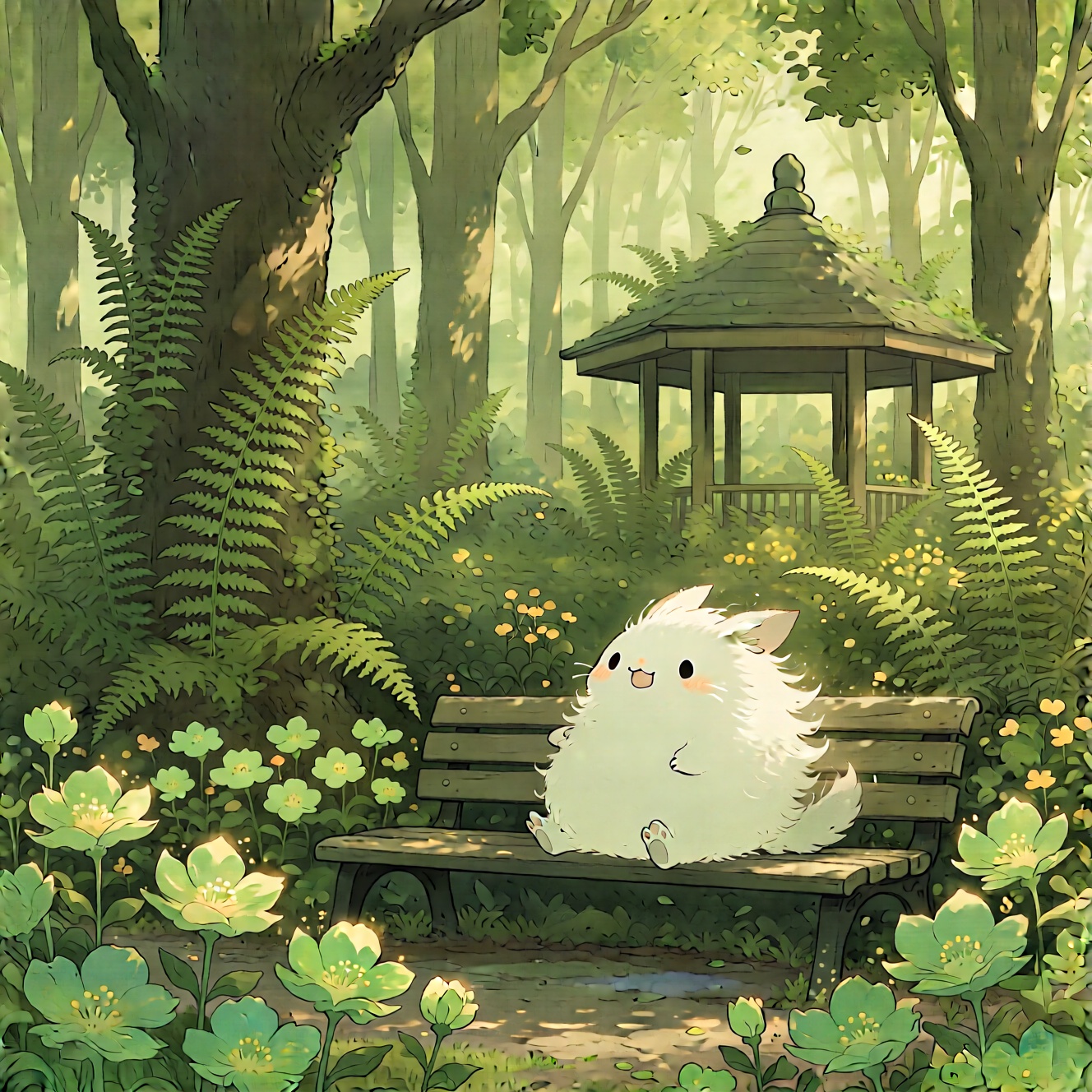 stankatayamaniji6q illustration.  

,jbl,A white creature,its round body swaying in a leisurely manner,soft fur fluttering,is sitting on a bench in the fern - covered park. Around it are blooming green - tinted flowers,tall trees with ferns growing on their trunks,and a small pavilion hidden among the ferns,all bathed in a warm,green - toned light.
