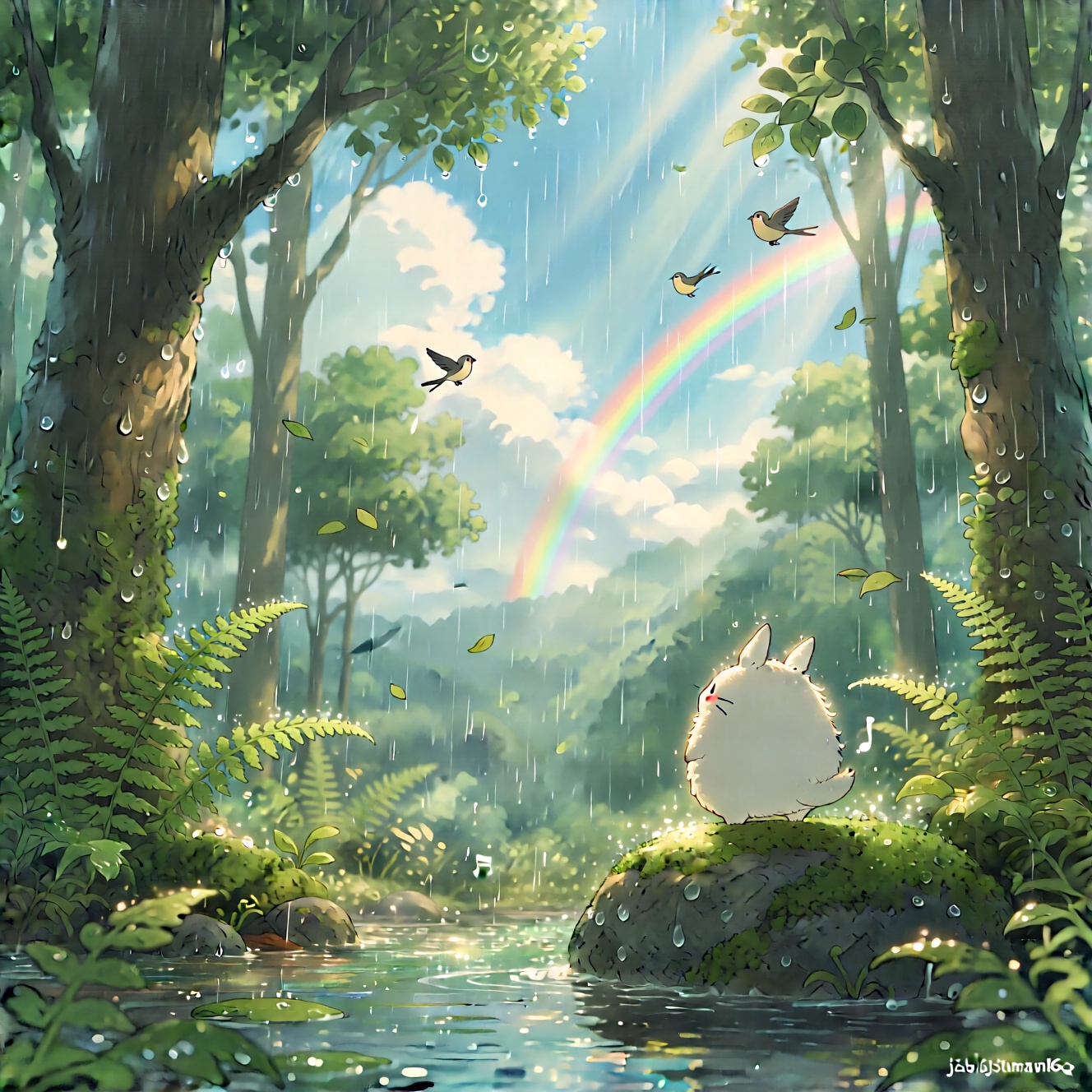 stankatayamaniji6q illustration.  

jzbj,Miniature figures,Studio Ghibli style, a serene forest scene just after the rain. The sky is clearing, with soft rays of sunlight breaking through the clouds and illuminating the wet forest. Everything is glistening with moisture—tree leaves, ferns, and the forest floor all reflect the light. A white creature, its round body standing on a mossy rock, its soft fur dry now and glowing in the sunlight, looks out at the freshly washed forest. A rainbow arches faintly in the distance, and small birds start to sing, filling the air with cheerful sounds. The scene has a bright, hopeful atmosphere, capturing the beauty of a forest rejuvenated by rain.