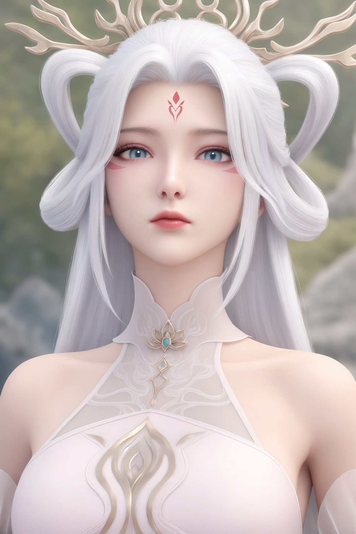 (Masterpiece, Best Quality, High Resolution, 8K Raw),absurdres, highres, Expressiveh, CG_style,
1girl, solo, long hair, looking at viewer, hair ornament, dress, bare shoulders, upper body, white hair, white dress, facial mark, hair rings, forehead mark, pink dress,