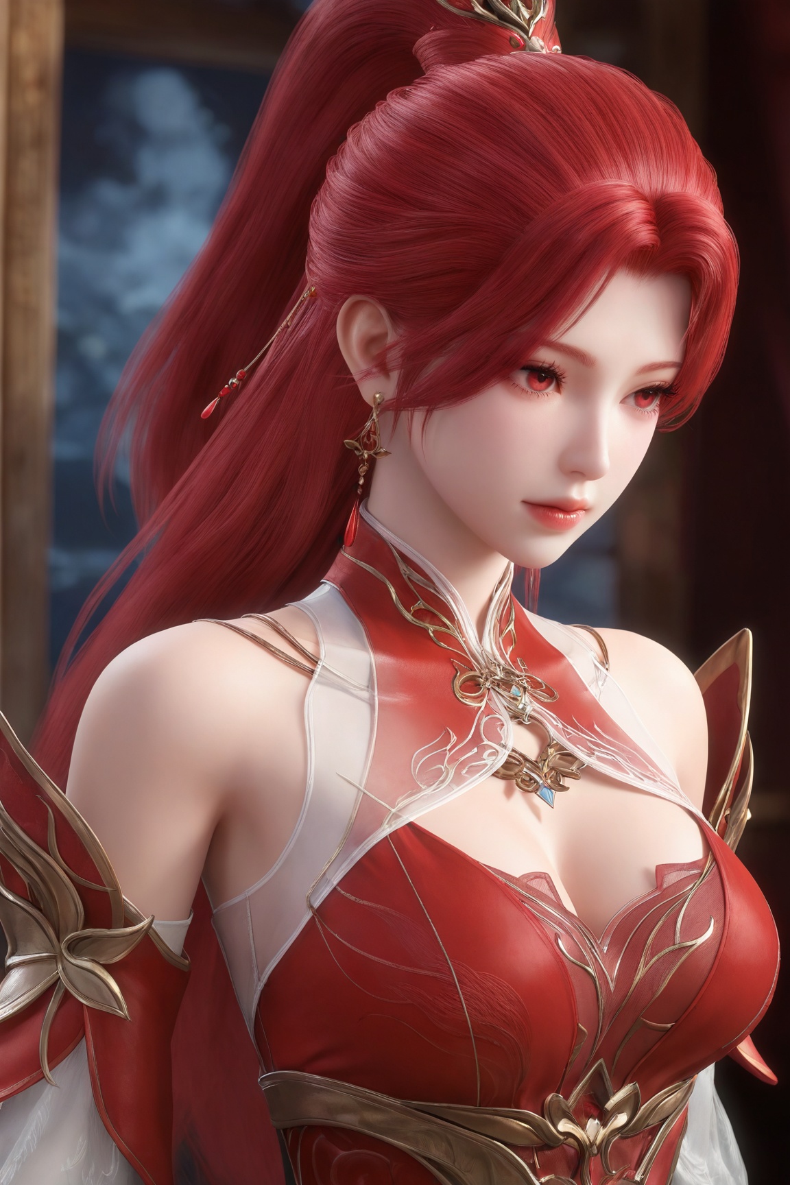 1girl,long hair,hair ornament, ponytail, cleavage cutout, clothing cutout, bare shoulders, earrings, jewelry, red dress, detached sleeves, red hair,red eyes,

masterpiece, best quality, amazing quality, very aesthetic, high resolution, ultra-detailed, 3D,CG