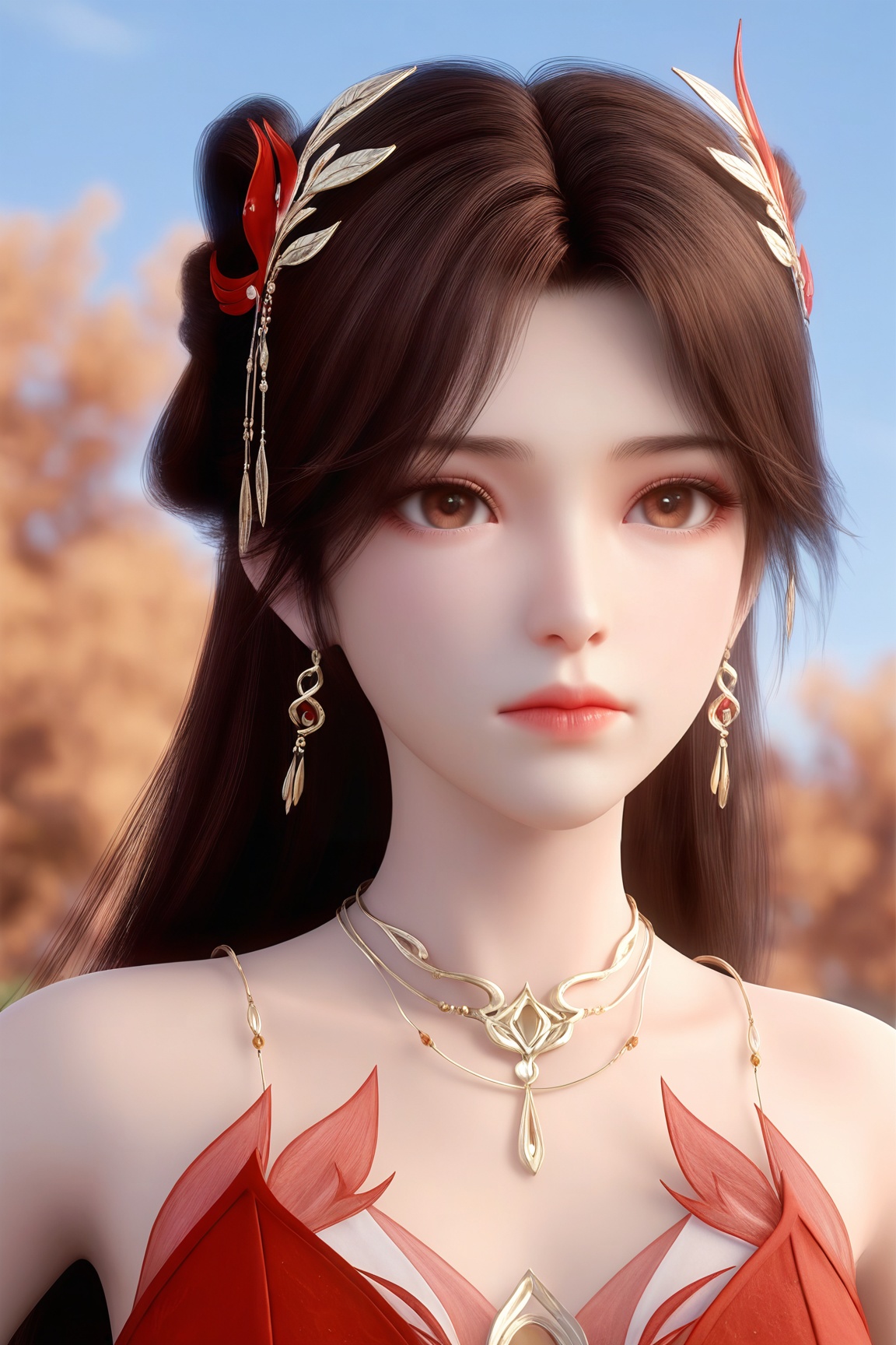 1girl, solo, long hair, looking at viewer, brown hair, hair ornament, dress, bare shoulders, brown eyes, jewelry, closed mouth, upper body, earrings, necklace, portrait,blue sky, red dress
masterpiece, best quality, amazing quality, very aesthetic, high resolution, ultra-detailed, 3D,CG