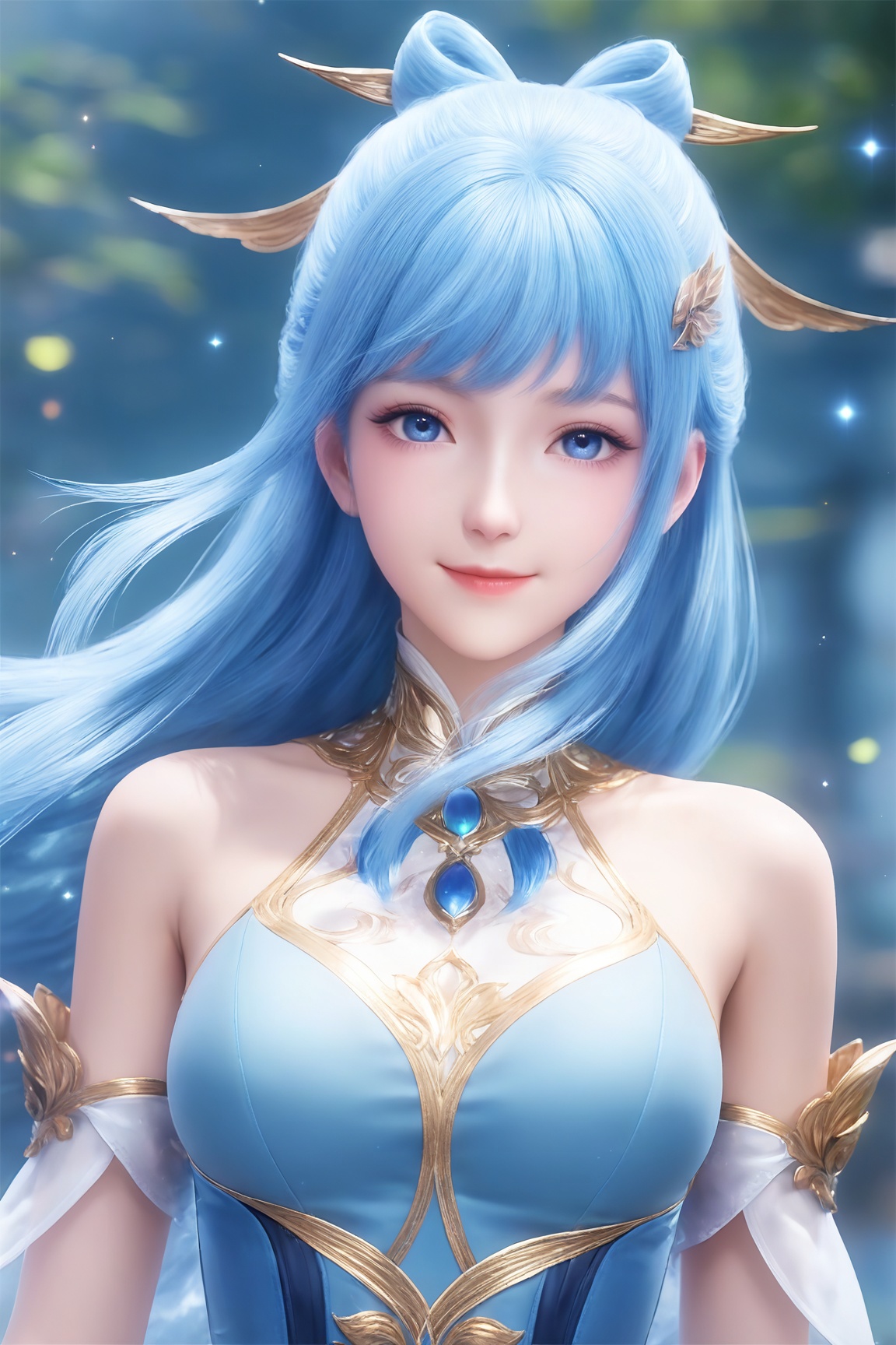 1girl, solo, long hair, breasts, looking at viewer, smile, bangs, blue eyes, hair ornament, dress, bare shoulders, closed mouth, blue hair, upper body, blurry, lips, 