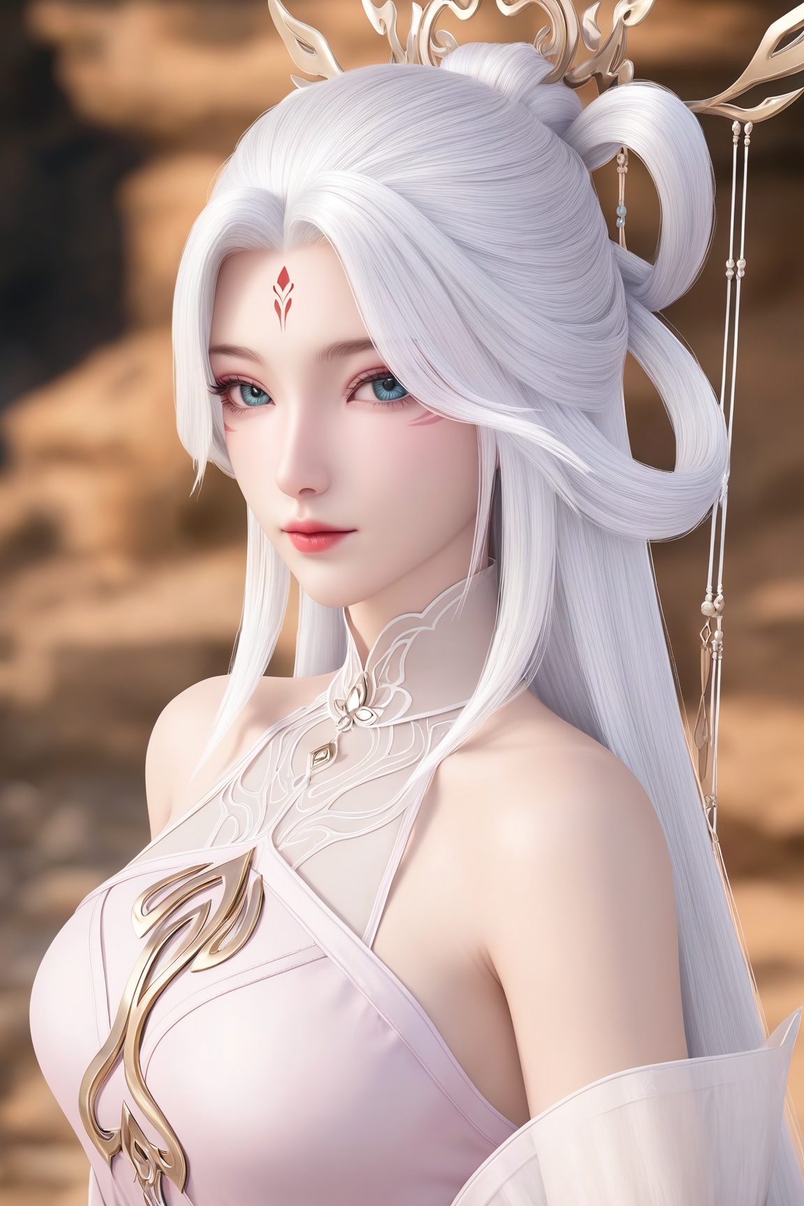 (Masterpiece, Best Quality, High Resolution, 8K Raw),absurdres, highres, Expressiveh, CG_style,
1girl, solo, long hair, looking at viewer, hair ornament, dress, bare shoulders, upper body, white hair, white dress, facial mark, hair rings, forehead mark, pink dress,