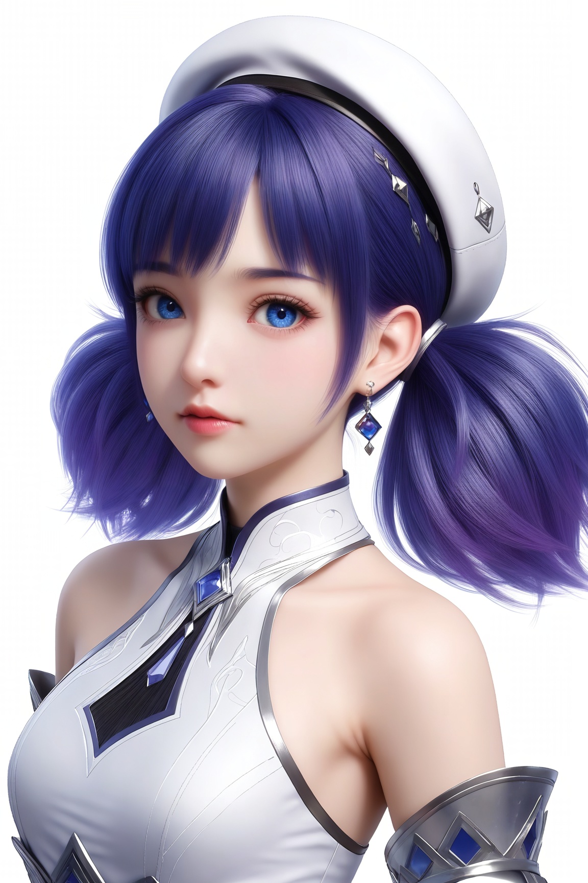 1girl, solo, breasts, looking at viewer, bangs, blue eyes, hat, dress, bare shoulders, twintails, jewelry, blue hair, upper body, purple hair, earrings, small breasts, detached sleeves, lips, beret, white headwear, white background,
masterpiece, best quality, amazing quality, very aesthetic, high resolution, ultra-detailed, 3D,CG